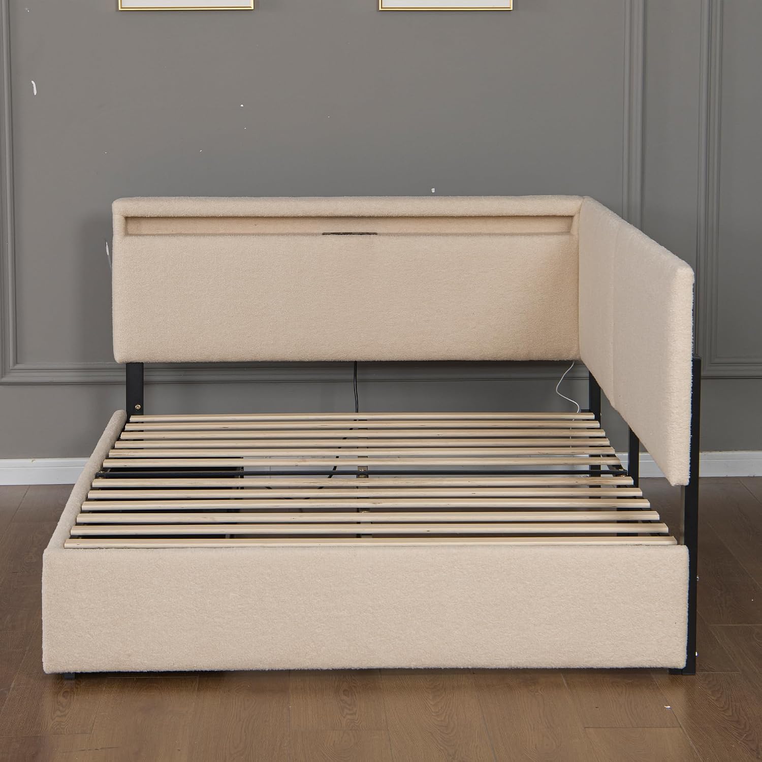 Twin Size Boucle Corner Day Bed Frame with Upholstered Headboard, L-Shaped Daybed with USB Ports, Storage Drawers and Tufted Back, No Box Spring Needed, for Bedroom, Livingroom, Beige