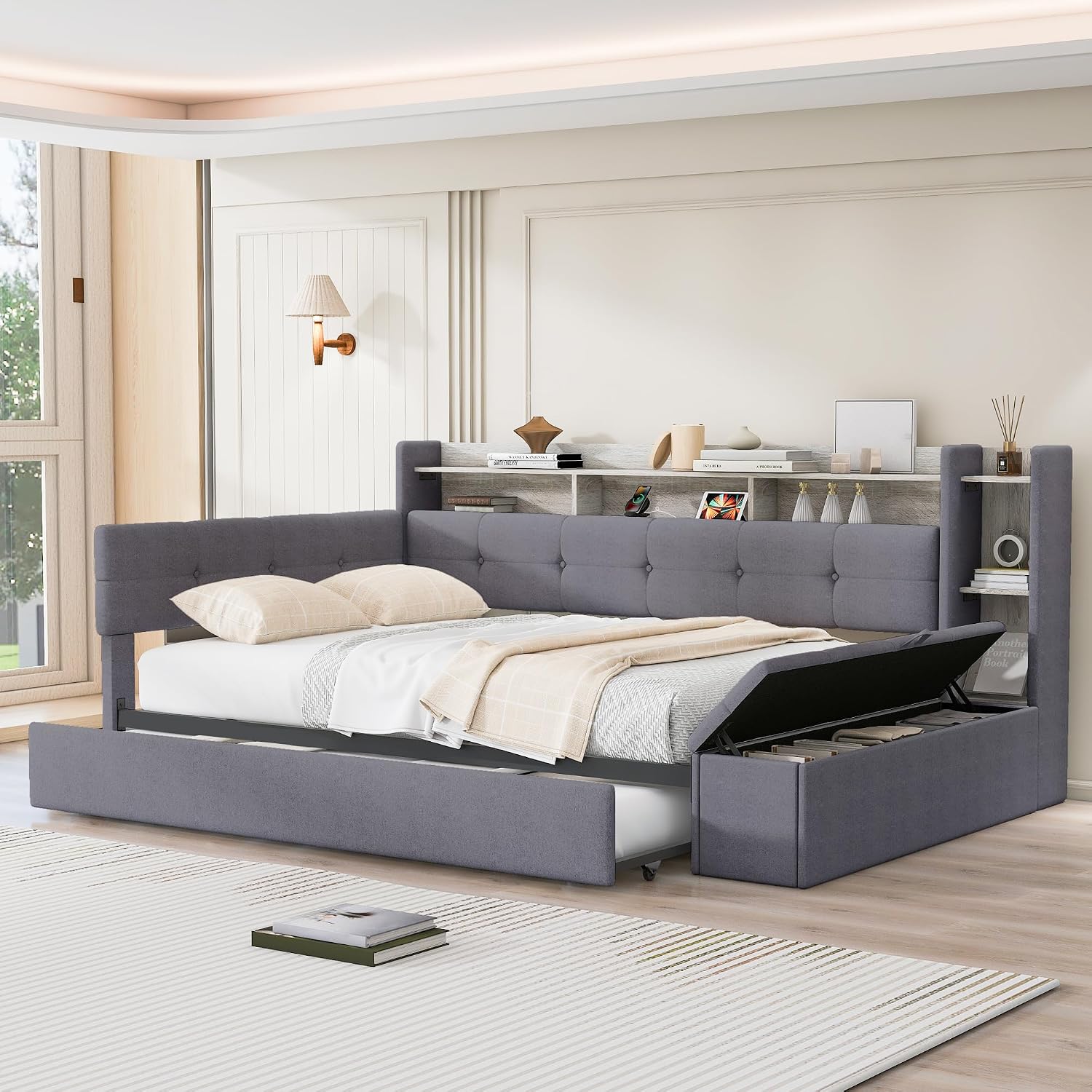 Twin Size Upholstery Daybed with Storage Footstool and Shelves, Solid Wood Platform Corner Bed with Trundle, USB Charging and LED Light for Bedroom Apartment (Grey-993)