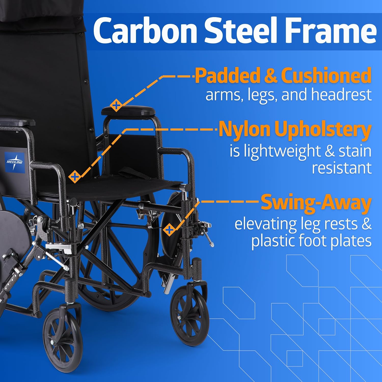 Medline Reclining Wheelchair, 18', with Elevating Leg Rests, Durable Vinyl, 300 lb. Weight Limit, Reclines 90 to 140 Degrees