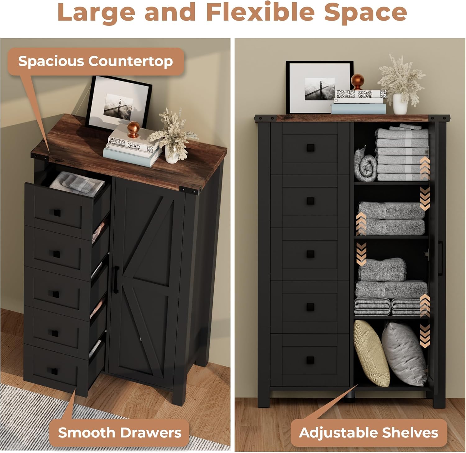 VVFLU Farmhouse White Dresser for Bedroom with 4 Drawers and 2 Barn Doors, Black Wood Chest of Drawers 47 Inch Wide, Large, Long, Adjustable Shelves, 5 Legs, Living Dining Room, Entryway, Hallway