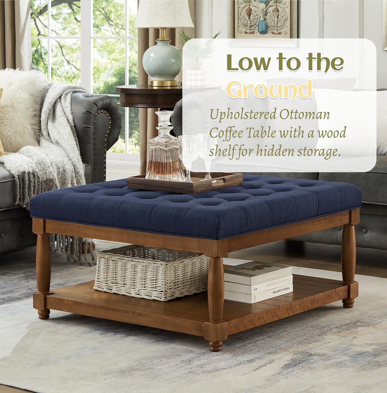 Ottoman Coffee Table, Upholstered Square Coffee Table with Storage Solid Wood Shelf, Linen Large Footrest Ottoman Pouf for Living Room, Navy Blue