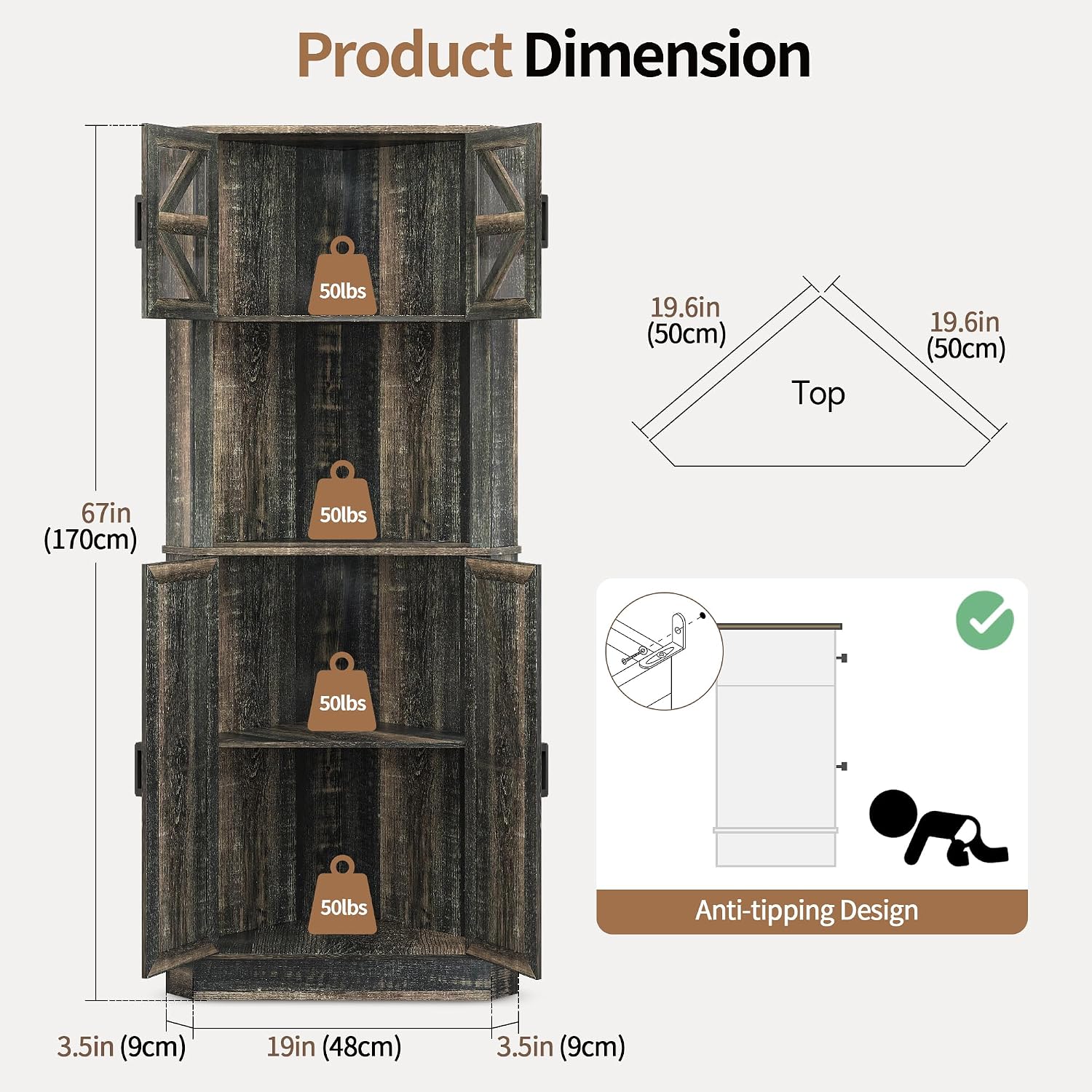 Lvifur Farmhouse Corner Cabinet with LED Lights, Tall Bathroom Storage Cabinet w/Barn Door & Adjustable Shelves, for Living Room (Dark Rustic Oak)