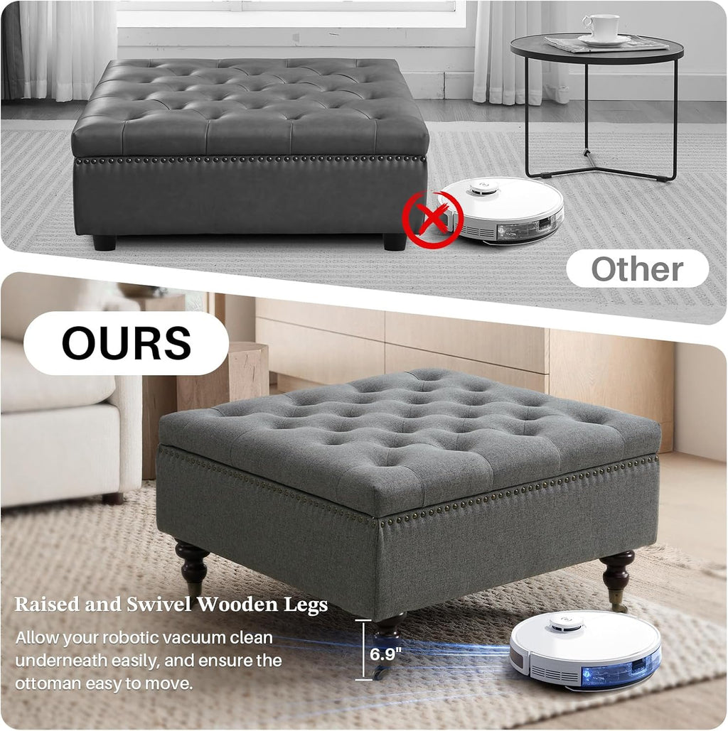Square Storage Ottoman Coffee Table Tufted Upholstered Large Ottoman with Storage and Rolling Wheels Oversized Footrest Ottomans for Living Room, Dark Grey Linen