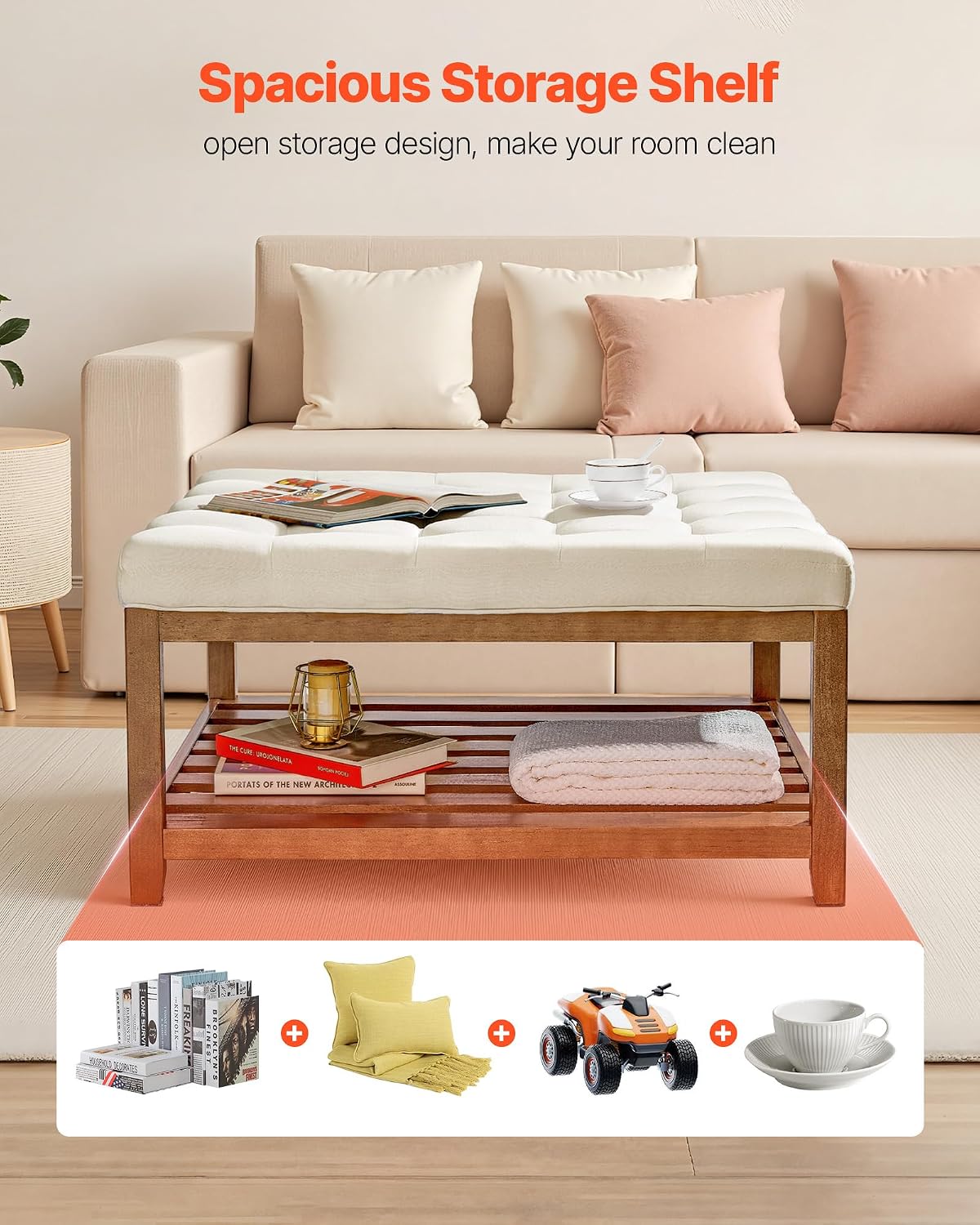 VEVOR Large Square Ottoman Coffee Table, 34.5 Inch Tufted Coffee Table with Solid Wood Shelf Storage, Linen Solid Upholstered Footrest Ottoman for Bedroom Living Room, 400 LBS, Off-White
