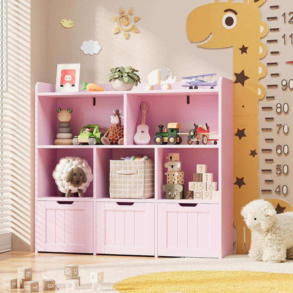 Gizoon Toy Storage Organizer with 3 Movable Drawers and 6 Open Shelves Kids Bookshelf Featuring Fall Prevention Barrier for Playroom Nursery Kids Room Organization, Pink, Painted