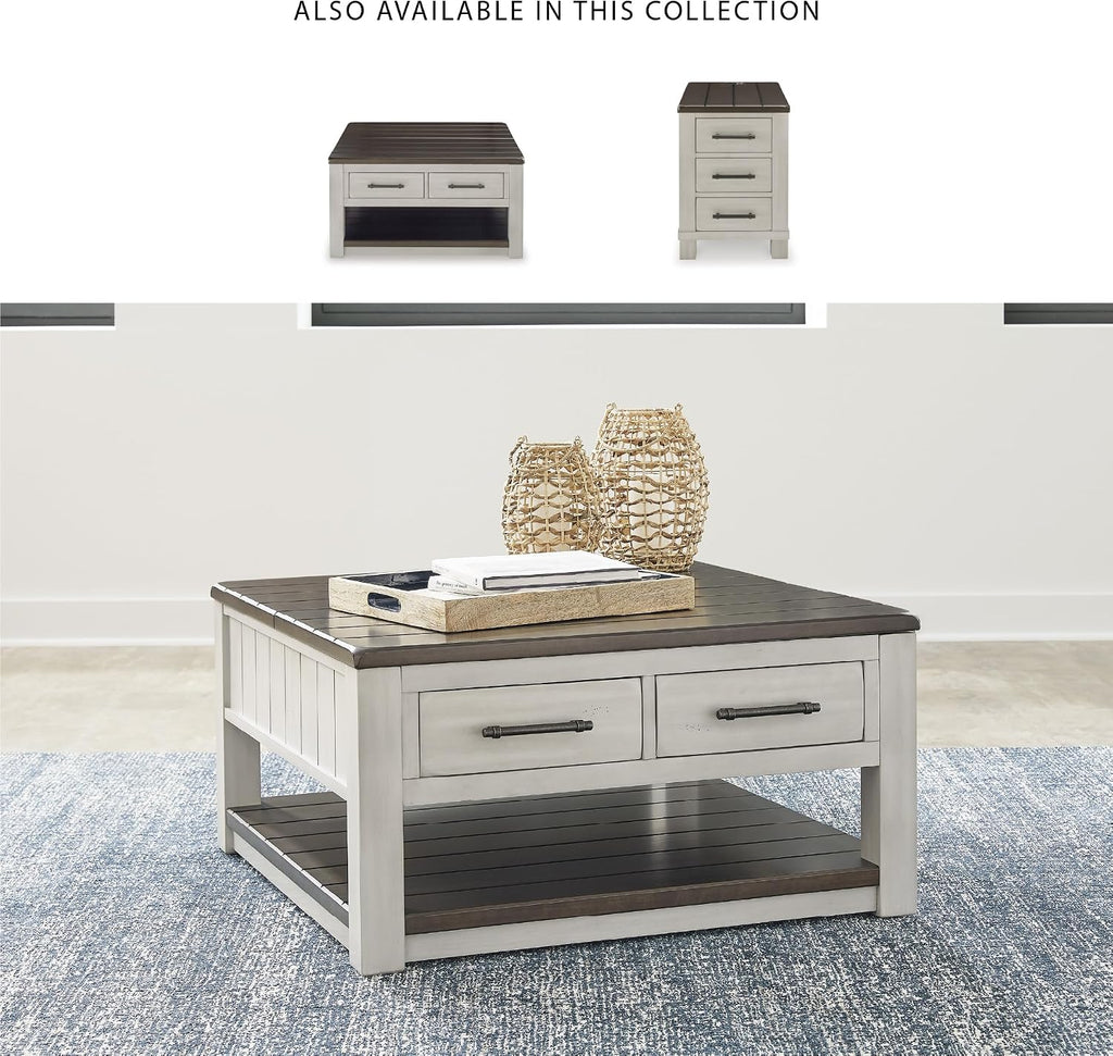 Signature Design by Ashley Darborn Farmhouse Lift-Top Coffee Table with Drawers, Lower Shelf and Casters, Light Gray & Dark Brown