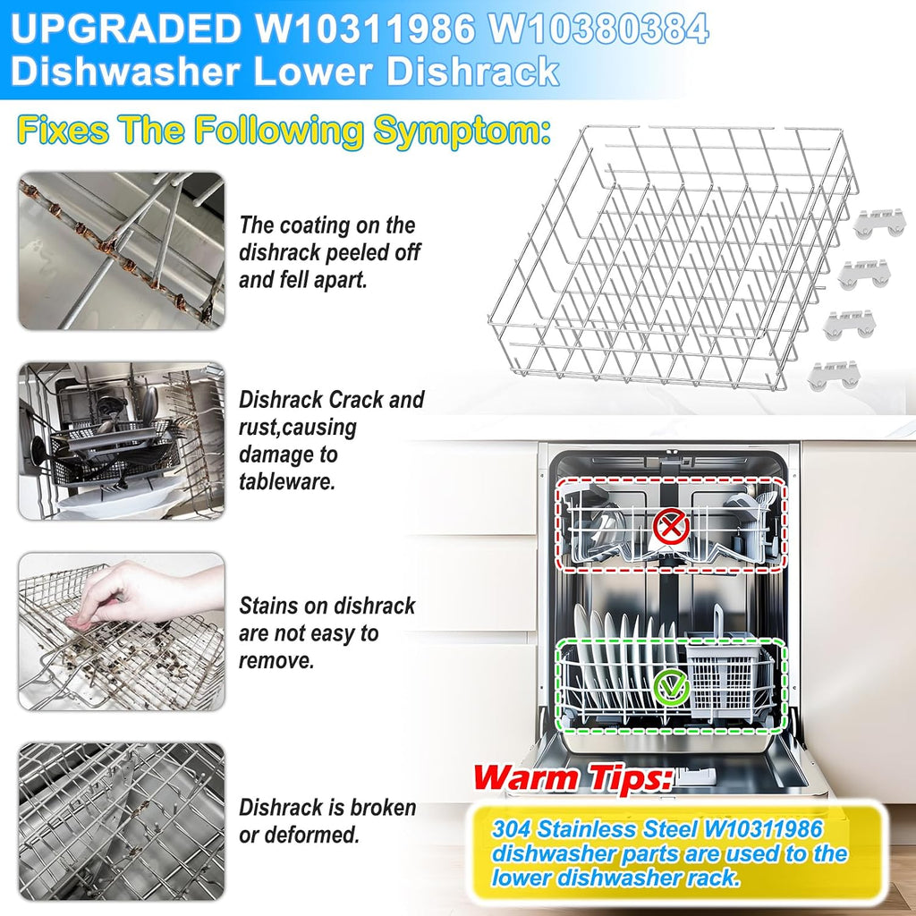 UPGRADED W10311986 W10380384 Dishwasher Lower Dishrack for Whirlpool Kenmore Dishwasher Rack Replacement Parts,304 Stainless Steel W10311986 W11158802 Whirlpool Dishwasher Rack with Wheel Bottom Rack