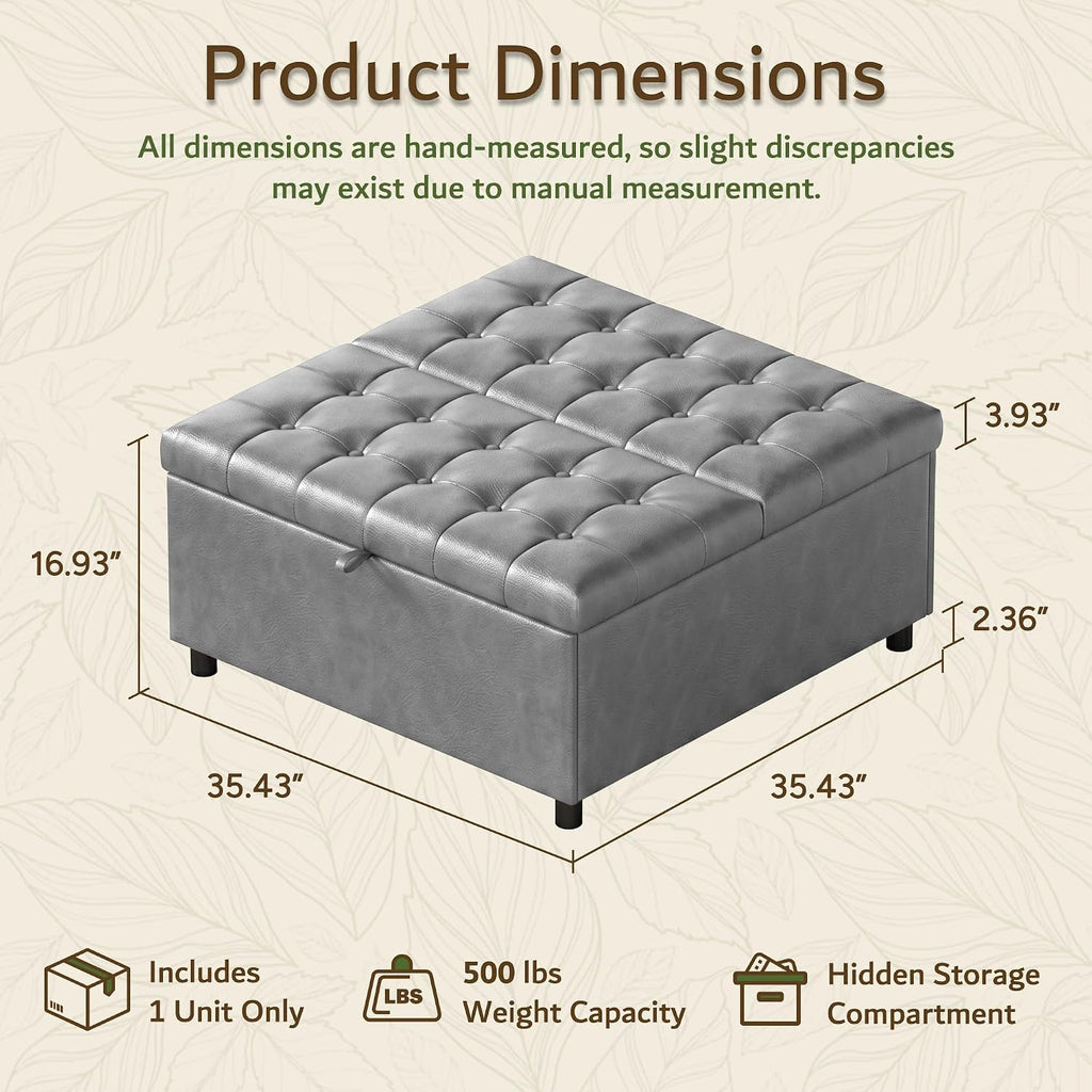 LINLUX Extra Large Leather Storage Ottoman, 35.5 Inch Large Square Lift Top Ottoman Coffee Table with Storage, Tufted Leather Ottoman Footrest Toy Box for Living Room，Bedroom