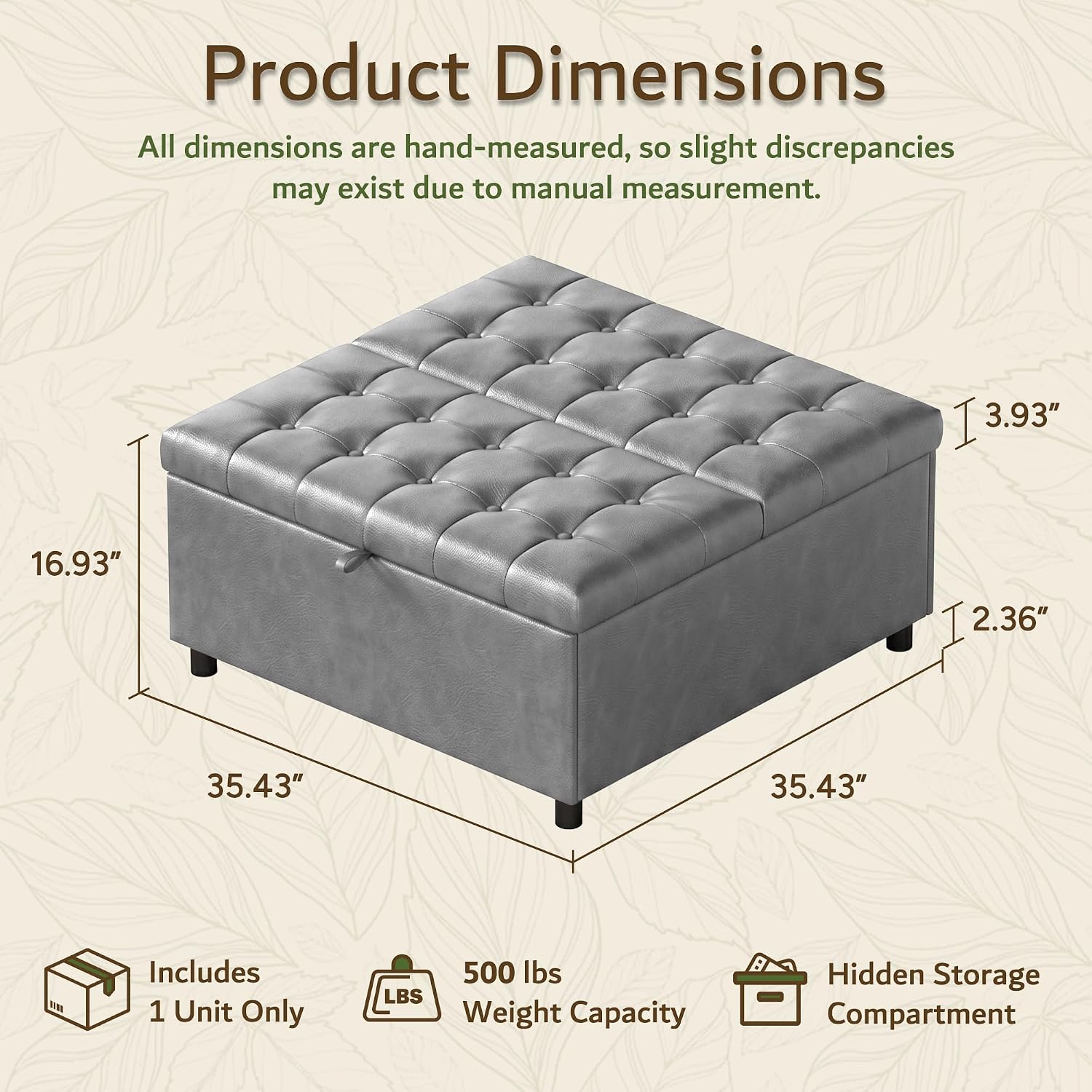 LINLUX Extra Large Leather Storage Ottoman, 35.5 Inch Large Square Lift Top Ottoman Coffee Table with Storage, Tufted Leather Ottoman Footrest Toy Box for Living Room，Bedroom