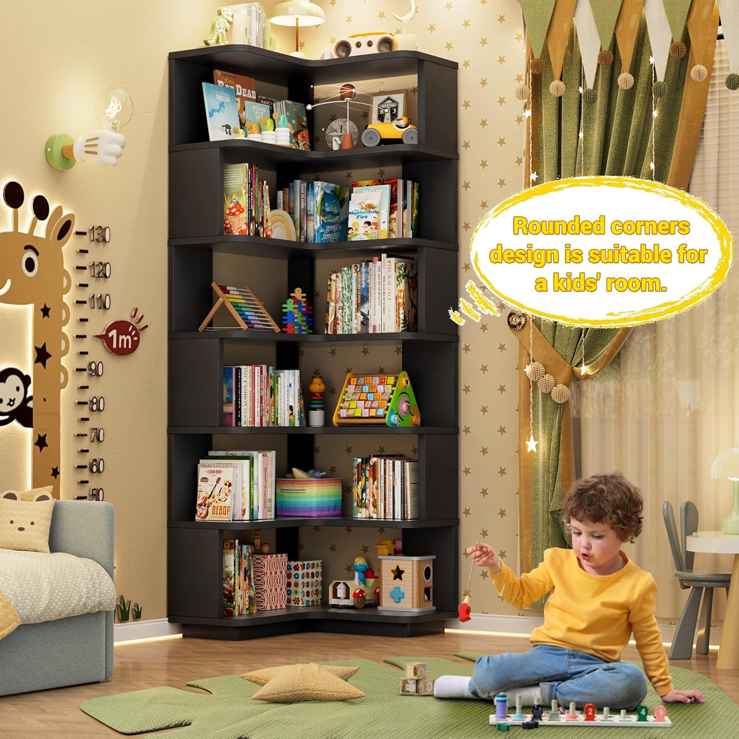Armocity Corner Book Shelf - 7 Tier Corner Bookshelf Etagere Bookcase with Baffle, Freestanding L Shaped Display Shelf Stand for Home Office, Living Room, Bedroom, Kitchen, Black