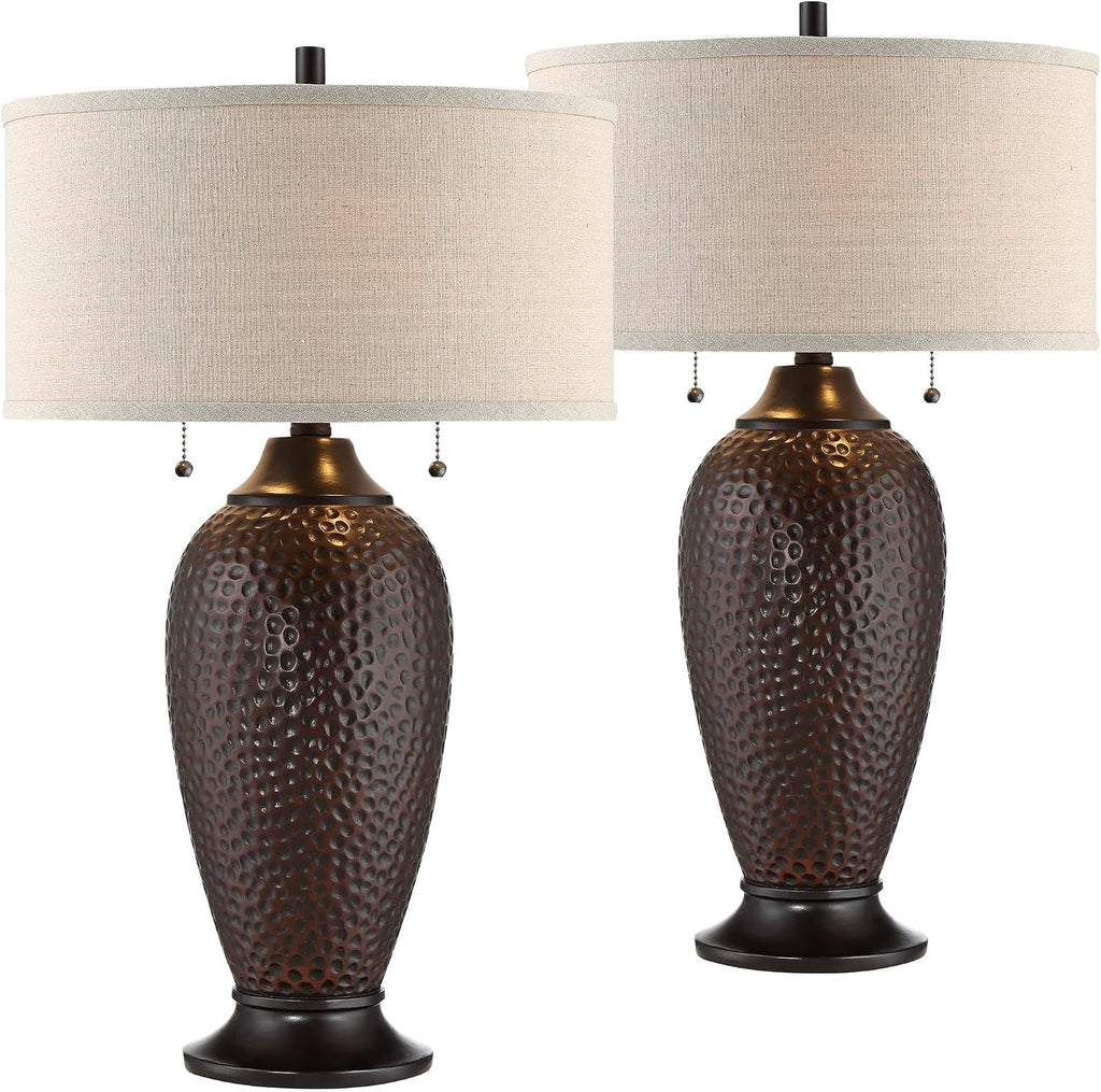 360 Lighting Cody 26' High Industrial Farmhouse Rustic Modern Table Lamps Set of 2 WiFi Smart Socket Pull Chain Oiled Bronze Finish Living Room Bedroom Bedside Nightstand House Oatmeal Shade