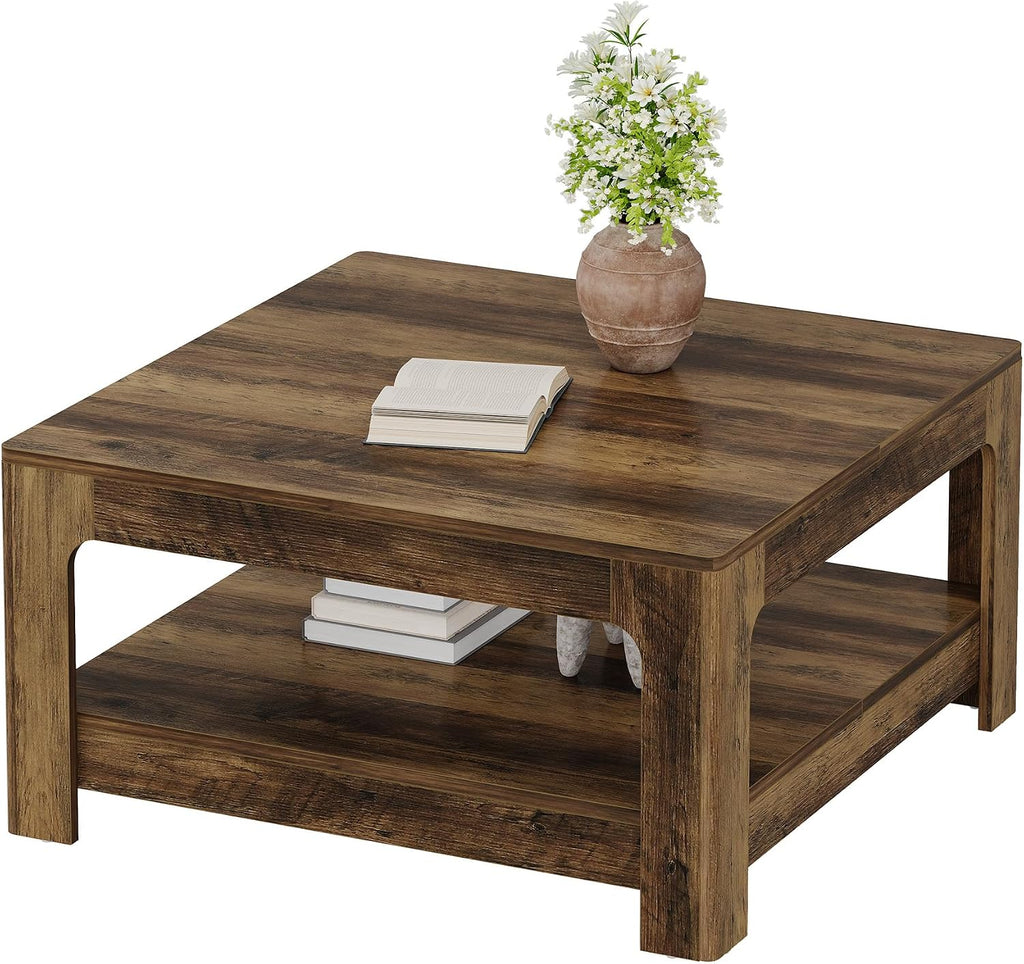 Tribesigns Square Coffee Table with Storage, 39.4-Inch Large Farmhouse Wooden Center Tea Accent Table for Living Room, Rustic Brown