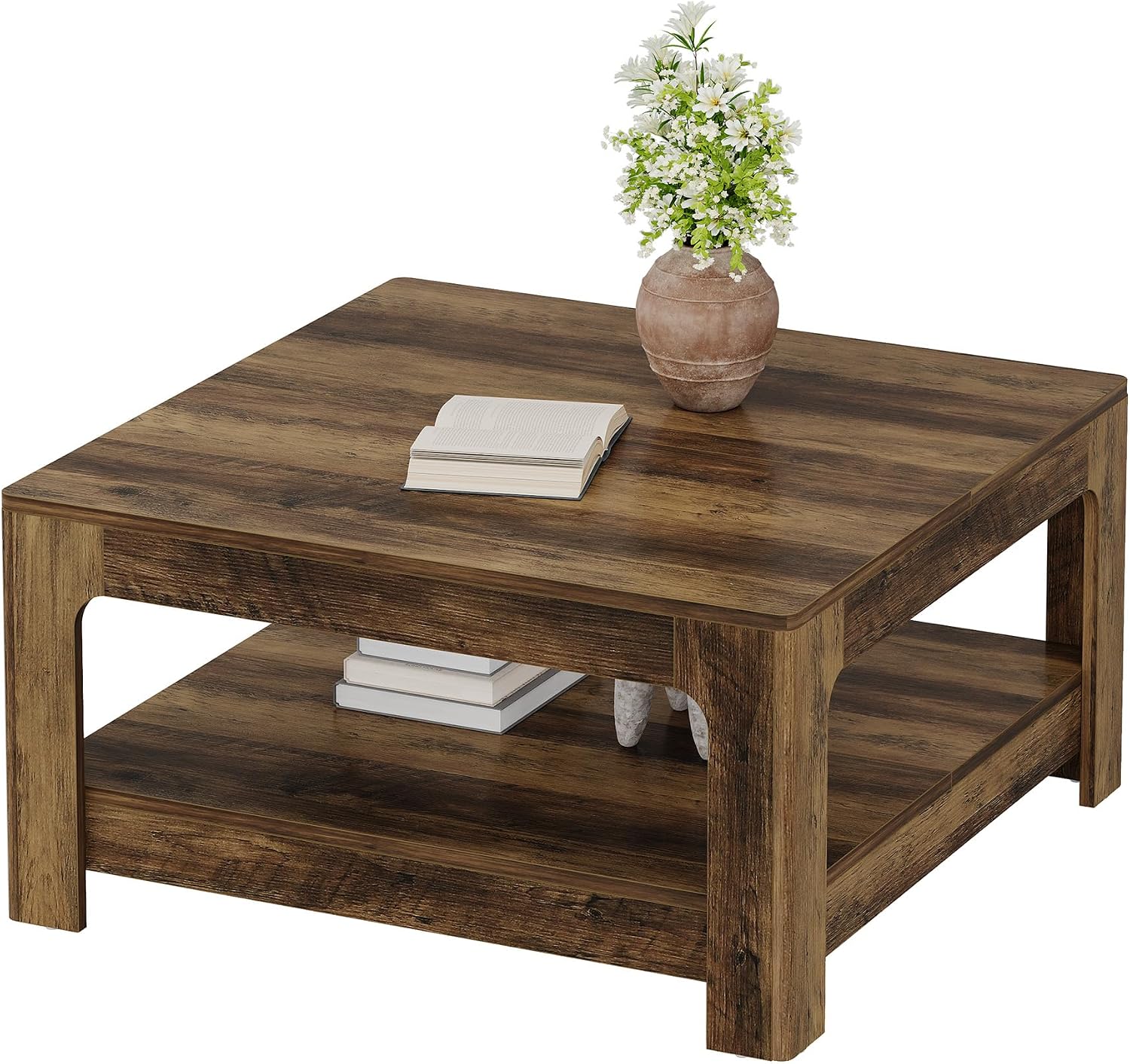 Tribesigns Square Coffee Table with Storage, 39.4-Inch Large Farmhouse Wooden Center Tea Accent Table for Living Room, Rustic Brown