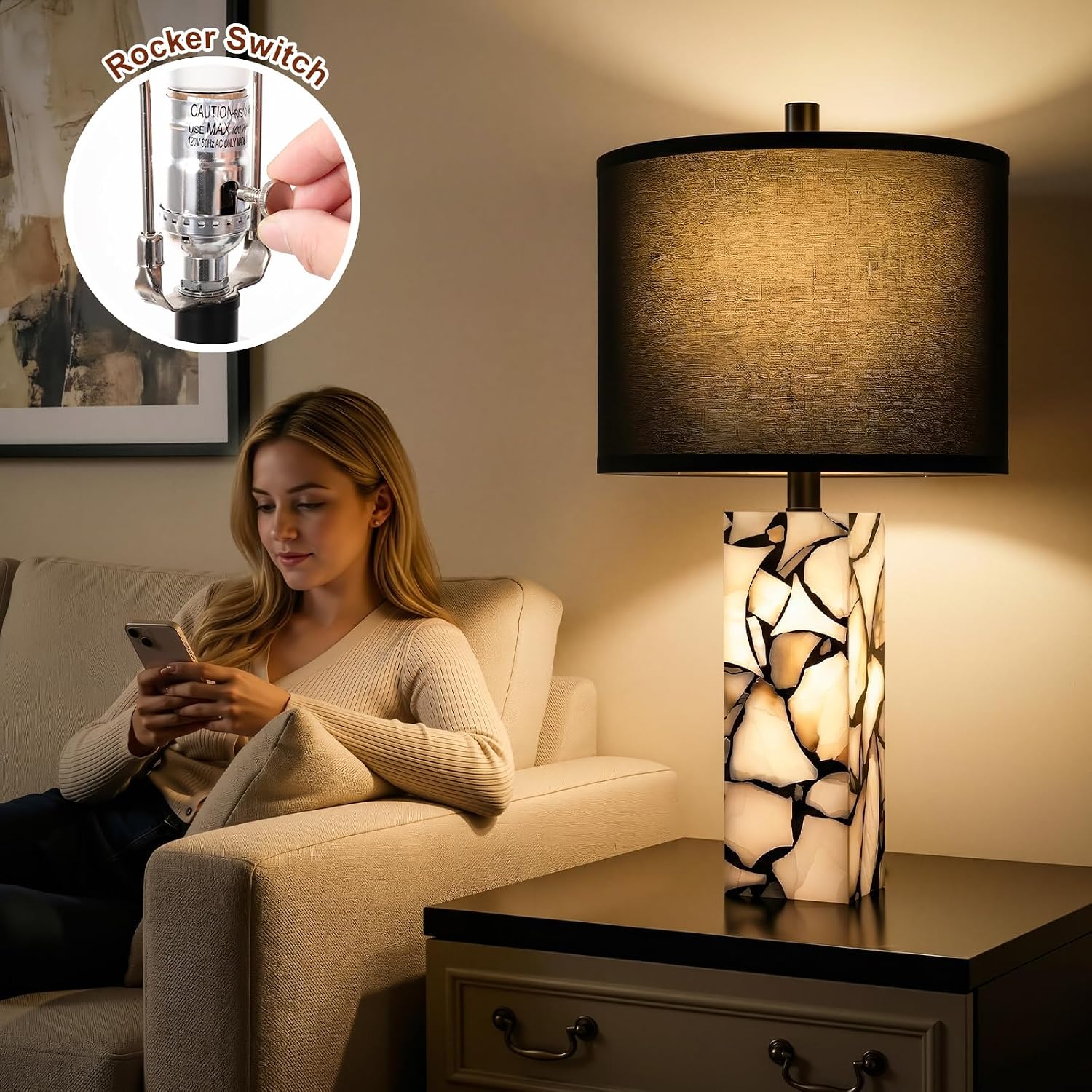 Scenekoy 23' Alabaster Table Lamps Set of 2 with Night Light for Living Room, Rotary Switch, Black Modern Table Lamp with Black Linen Shade, Nightstand Lamp for Bedroom Bedside Office (Bulb Included)