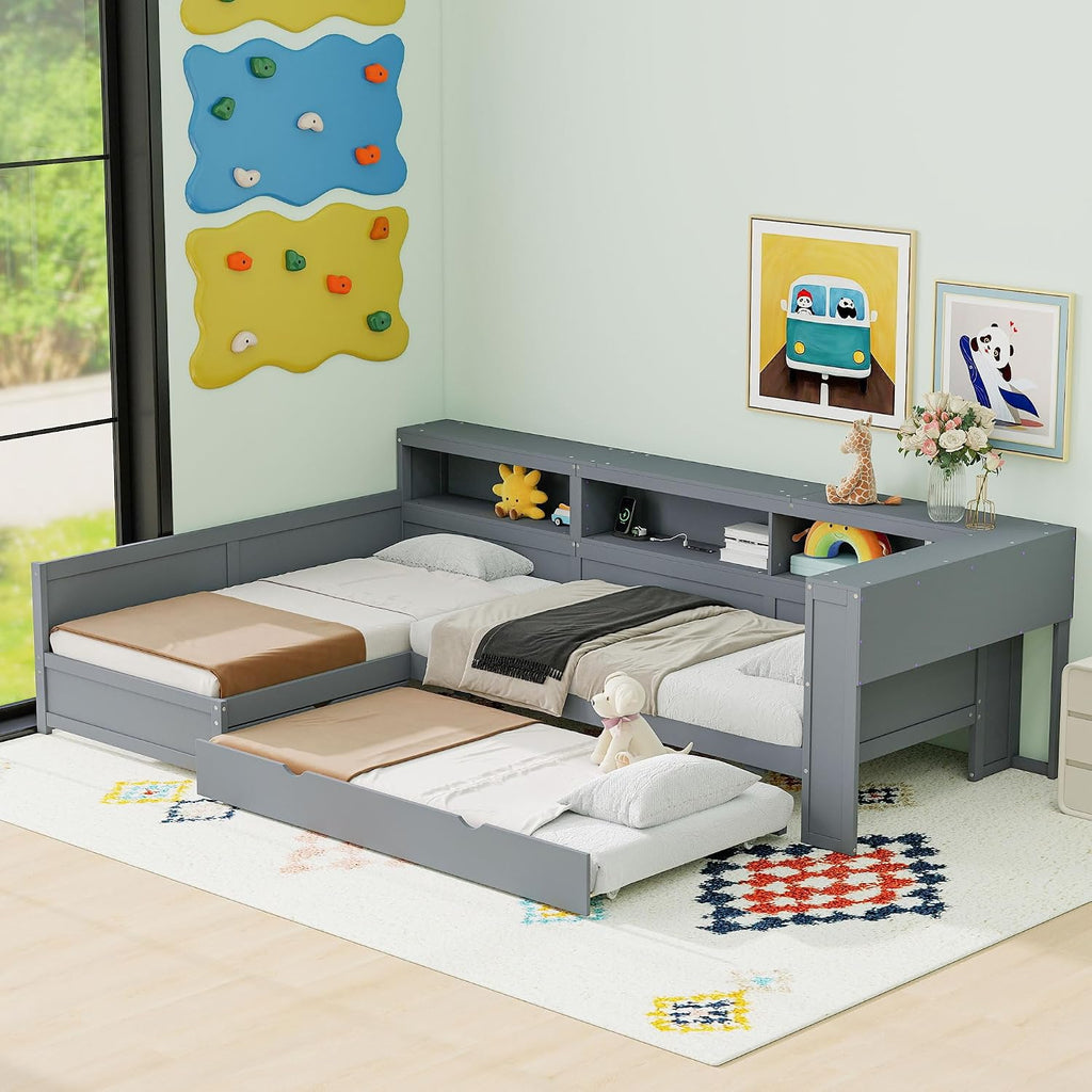 Merax L-Shaped Twin Bed with Trundle for 2-3 People, Wood Corner Platform Bed Frame with 1 Drawer & 5 Storage Shelves & Charging Station for Bedroom Guest Room, No Spring Box Needed (Grey)