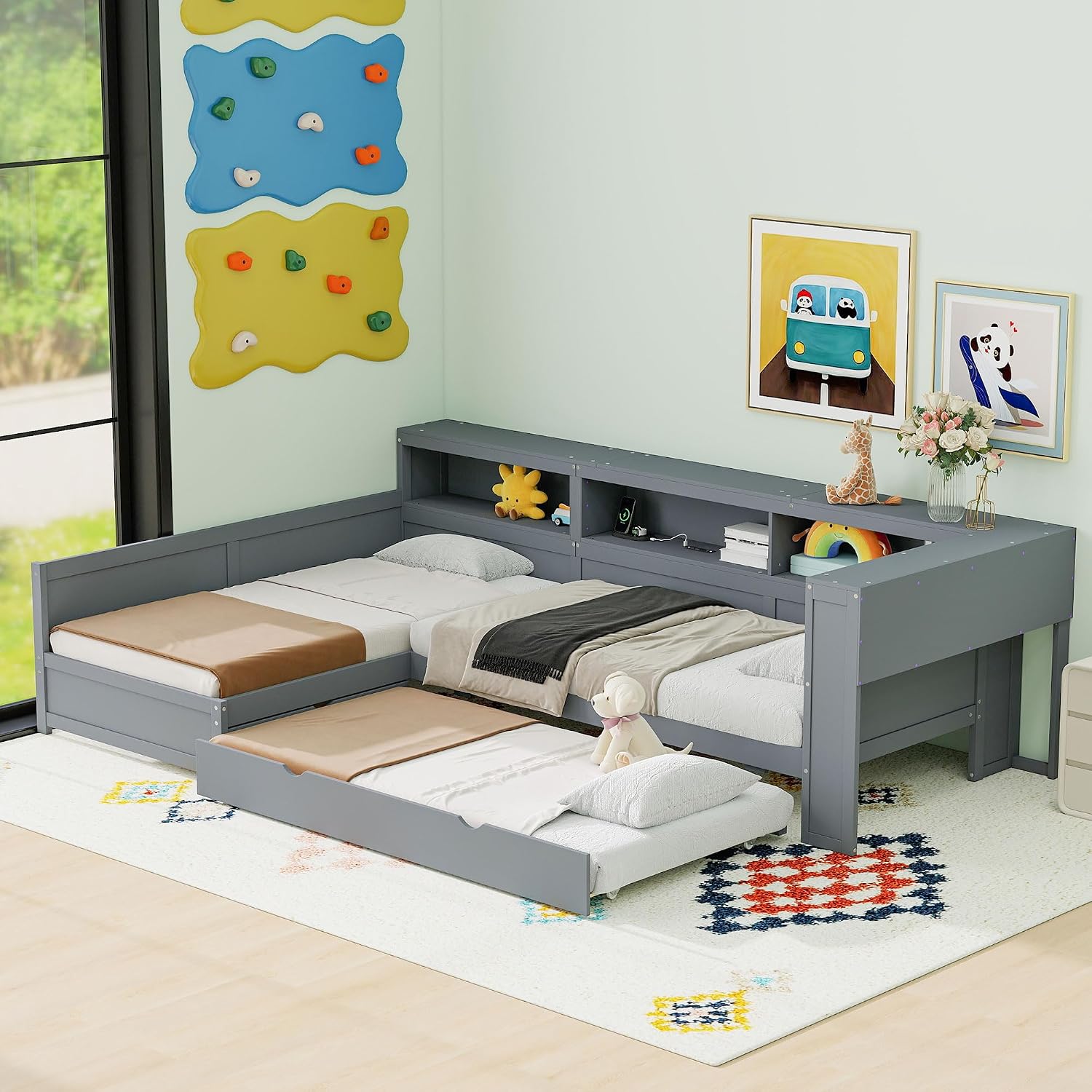 Merax L-Shaped Twin Bed with Trundle for 2-3 People, Wood Corner Platform Bed Frame with 1 Drawer & 5 Storage Shelves & Charging Station for Bedroom Guest Room, No Spring Box Needed (Grey)