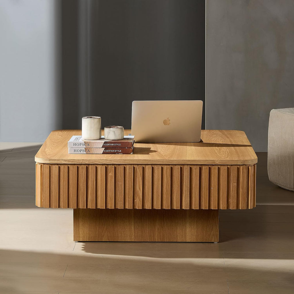 Lift top Coffee Table Square for Living Room Storage Coffee Table with Lifting Top Smart Fluted Coffee Tables Modern Larger Center Tables for Apartment 35.43'' Natural Wood