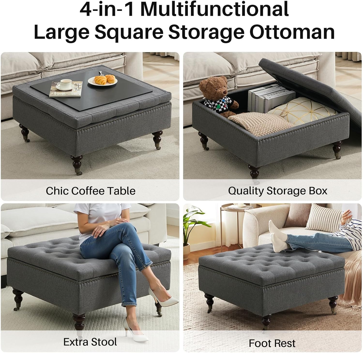 4-in-1 Square Storage Ottoman Bench with Rolling Wheels,Large Ottoman with Storage,Upholstered Coffee Table for Living Room/Bedroom,Dark Gray