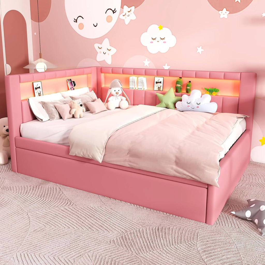 Full Size Upholstered Daybed with Trundle and LED, USB-Ports, L-Shaped Corner Unit Sofa Day Bed Frame with Storage Bookshelf, Girls, Kids, Adults, Boys, Pink