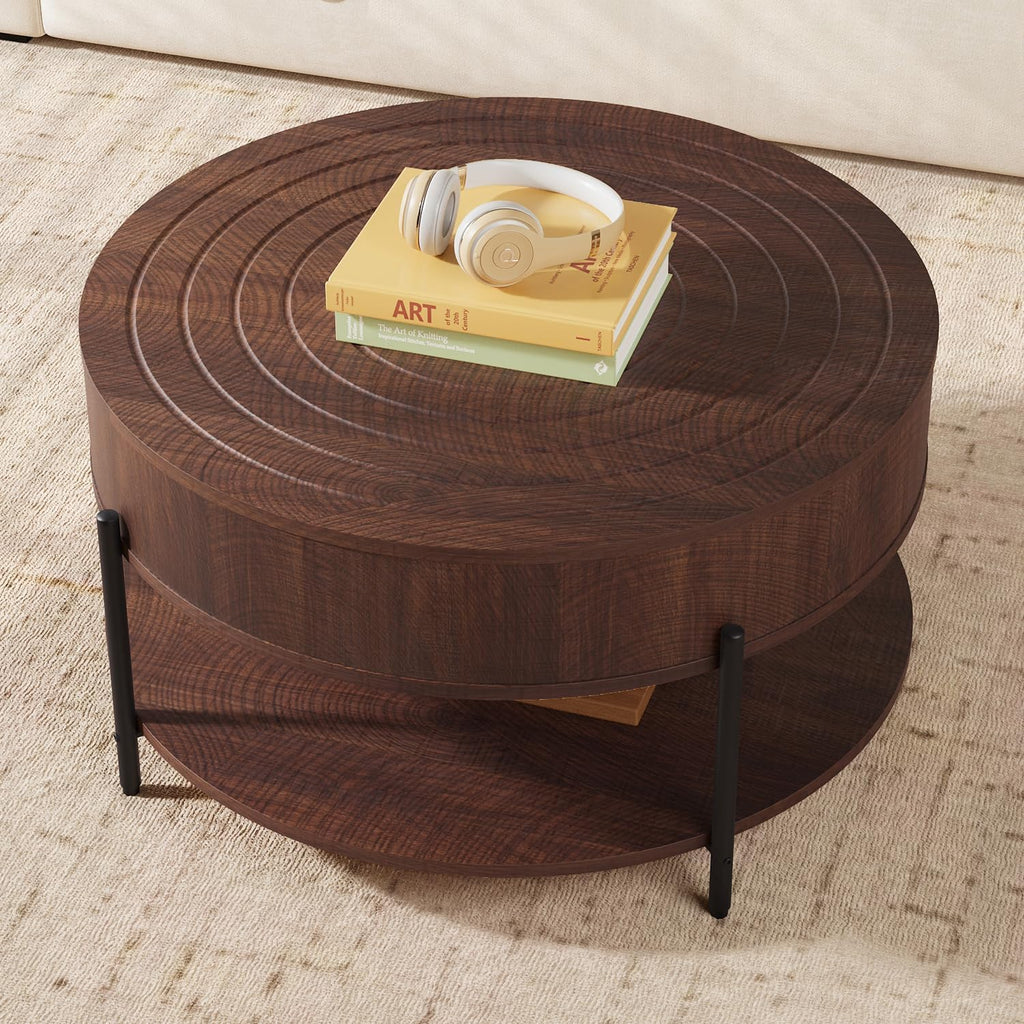RARZOE 30.5' Round Coffee Table with Storage, Wooden Circle Coffee Table with Drawer, Storage Shelf, Metal Legs，Small Dining Table Accent Center Table for Living Room Home Office Apartment,Dark Brown