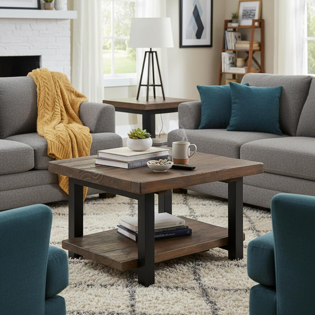Pomona 27-Inch Square Solid Wood Coffee Table with Metal Legs – Modern Farmhouse Rustic Small Space Table by Alaterre Furniture (Rustic Brown)