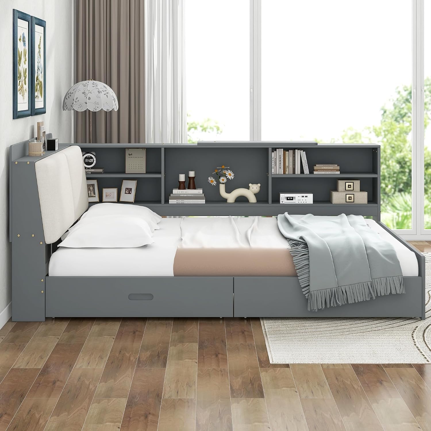 Full Daybed with Storage Headboard, Corner Platform Bed with Shelves, Storage Board and 2 Drawers, Solid Wooden Slats Support, Gray