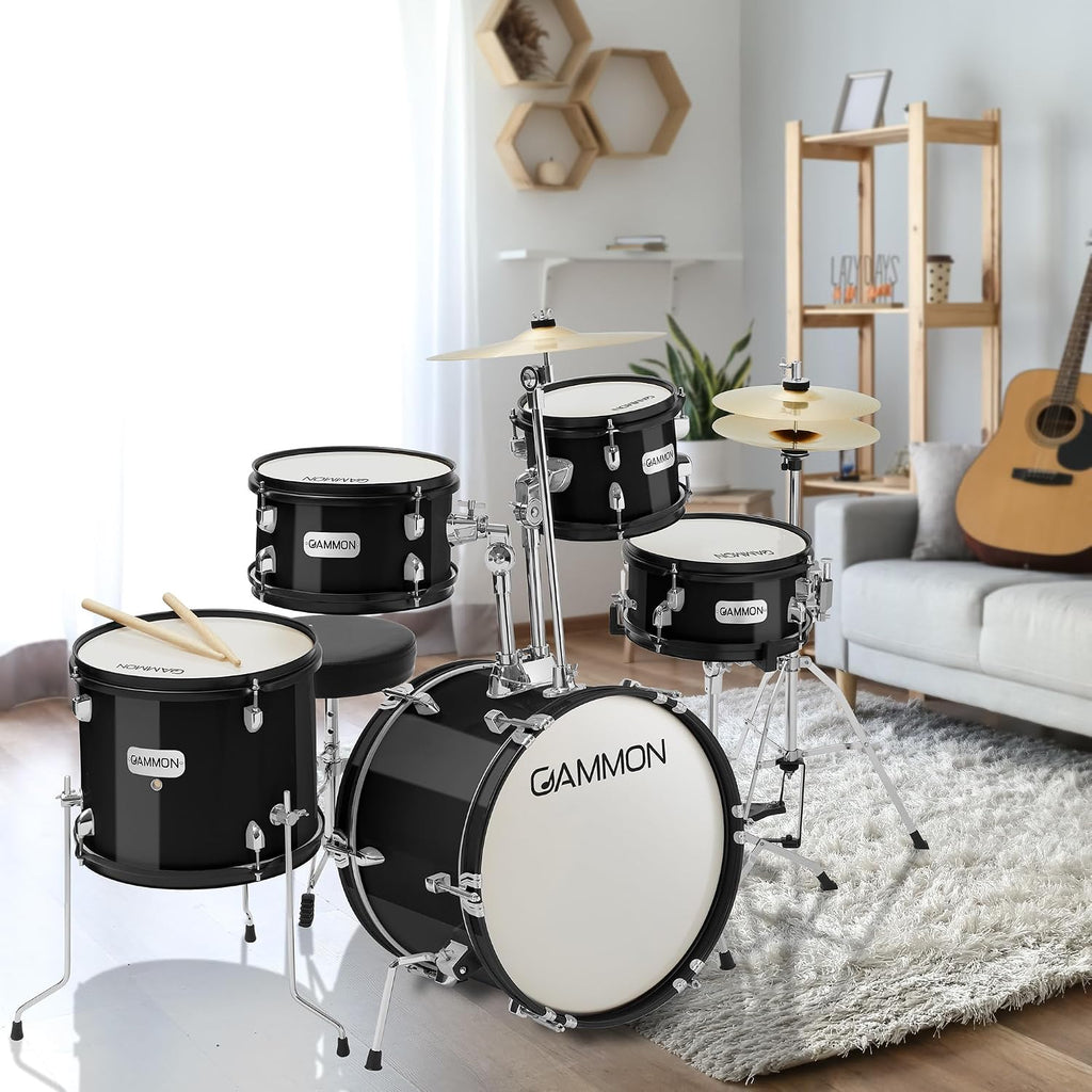 Gammon Percussion 5-Piece Junior Starter Drum Kit with Cymbals, Hardware, Sticks, & Throne - Black