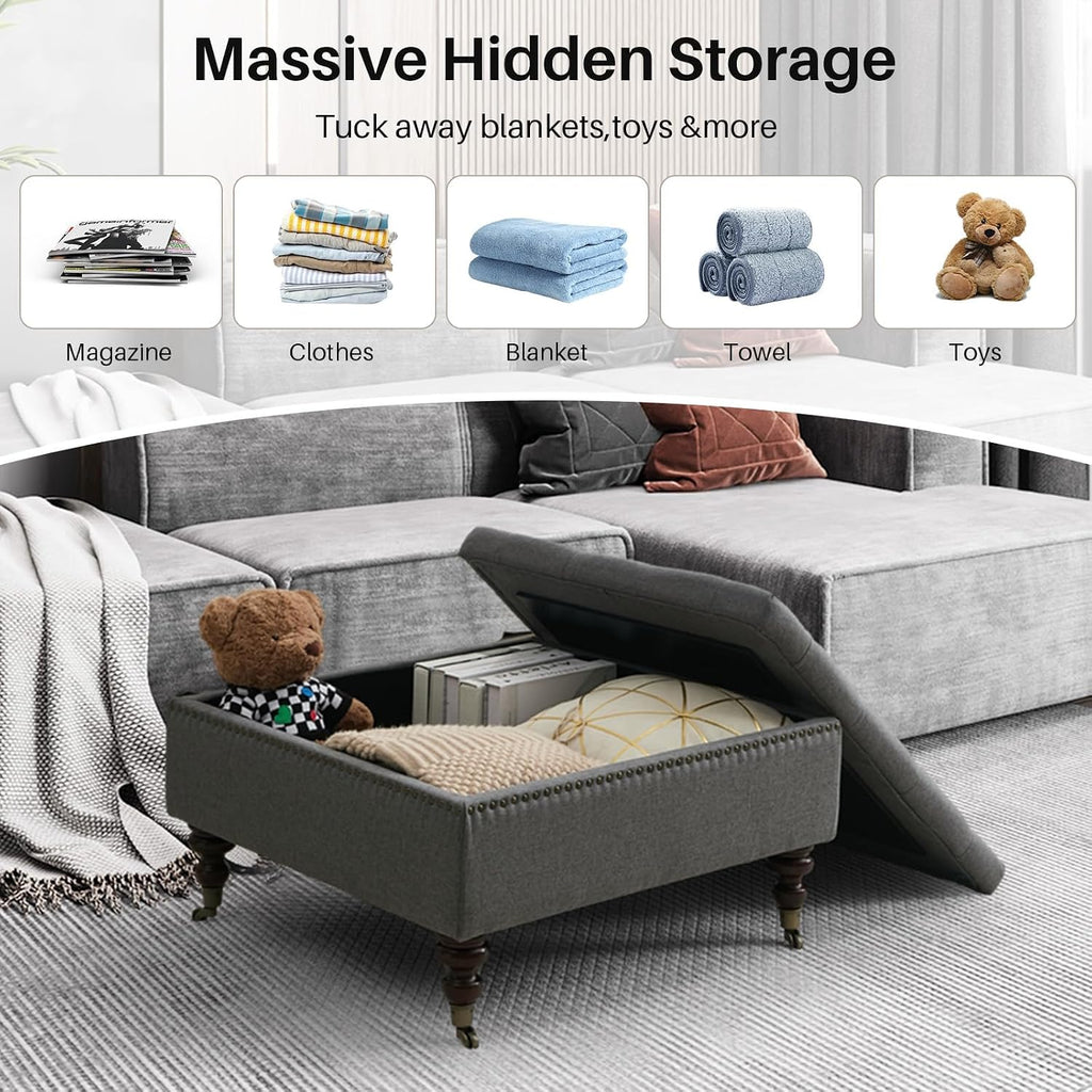 4-in-1 Square Storage Ottoman Bench with Rolling Wheels,Large Ottoman with Storage,Upholstered Coffee Table for Living Room/Bedroom,Dark Gray