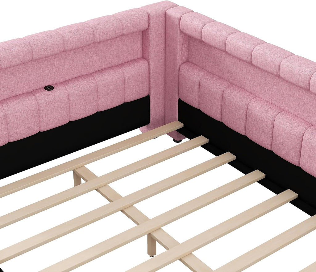Upholstered Full XL Size Daybed with LED and USB Ports, L-Shaped Corner Day Bed with Storage Shelves Headboard,Space Saving for Girls Adults Kids Boys, Pink