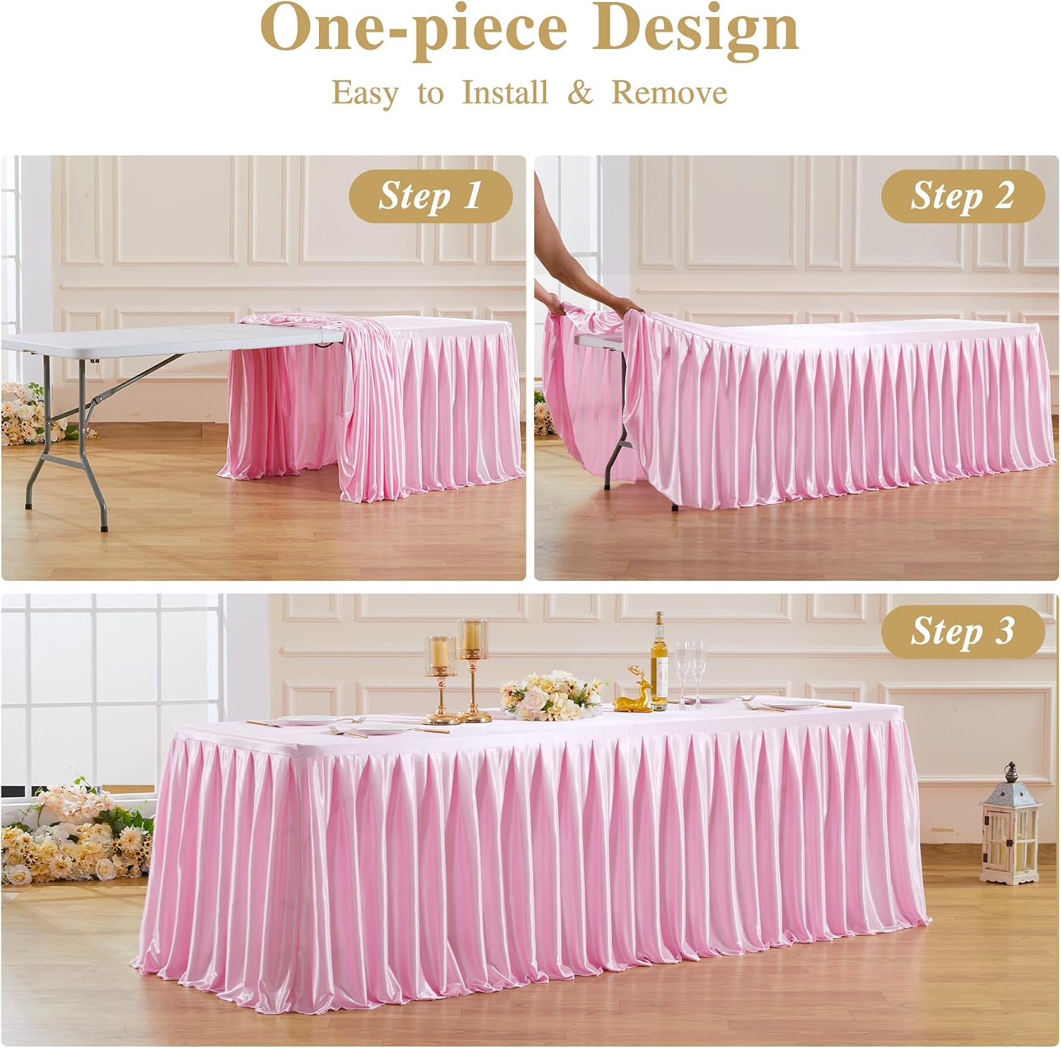 8 Pack 6FT Pink Satin Tablecloths for Rectangle Tables - Shiny Spandex Party Table Cover with Pleated Table Skirt, No-Wrinkle & Glossy Wedding Tablecloth One-Piece for Birthday Baby Shower Ceremony