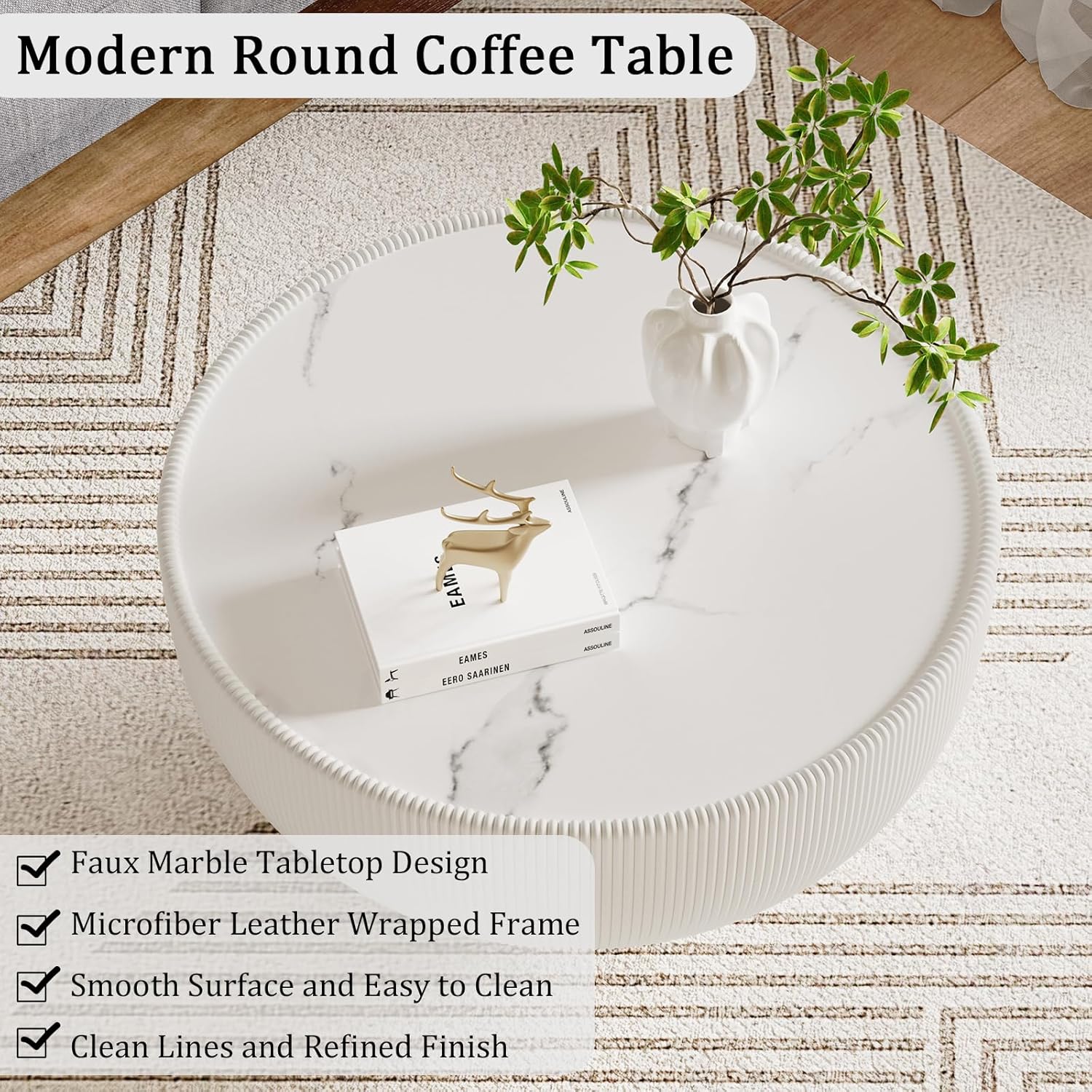 Round Coffee Table Set with Sintered Stone Tabletop, 27.56' White Drum Center Table and 19.69' White Coffee Table Set, 2 Pieces Living Room Table Set with Fluted PU Leather Cover& Metal Base