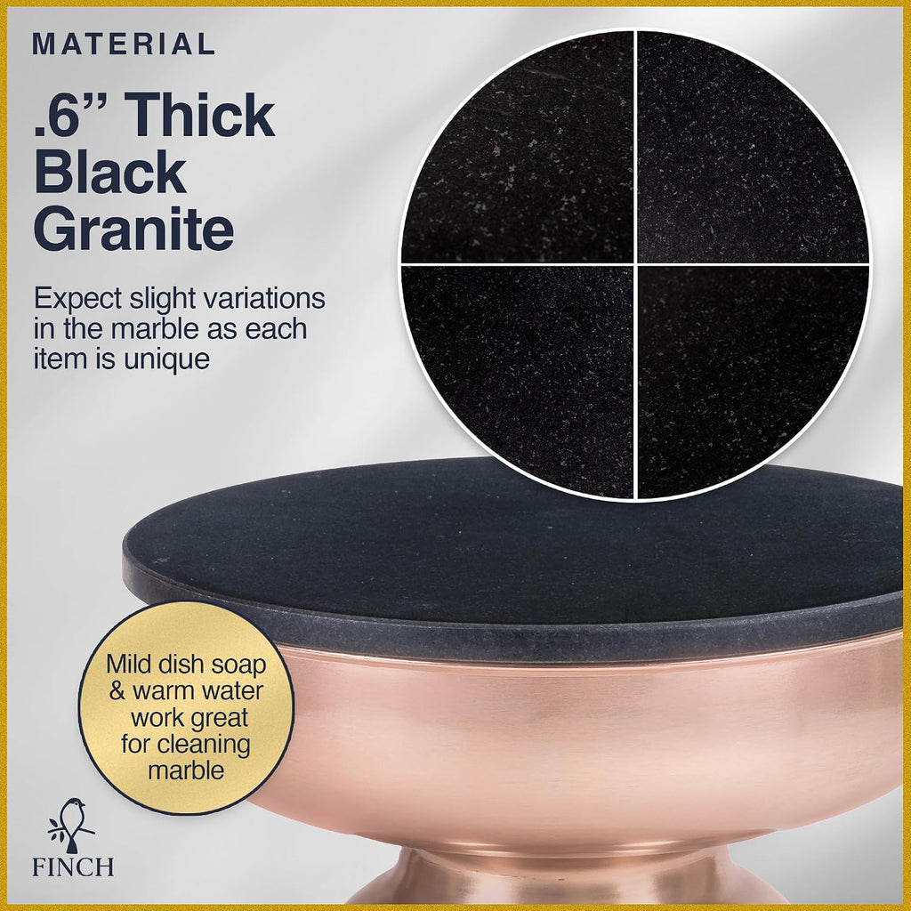 Click365 Adler Granite Accent Side Table, 16 Inch Round End Table with Hourglass Rose Gold Metal Base, Modern Nightstand or Bedside Table for Living Room or Bedroom, Polished Black & Rose Gold