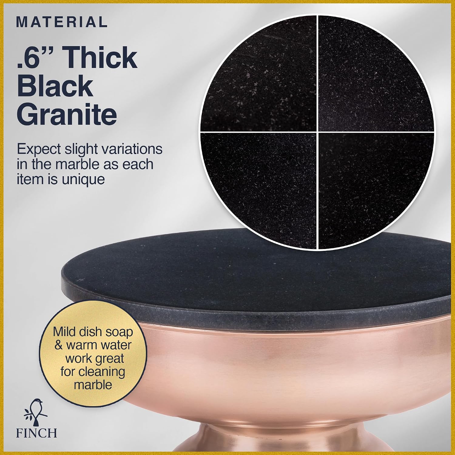 Click365 Adler Granite Accent Side Table, 16 Inch Round End Table with Hourglass Rose Gold Metal Base, Modern Nightstand or Bedside Table for Living Room or Bedroom, Polished Black & Rose Gold