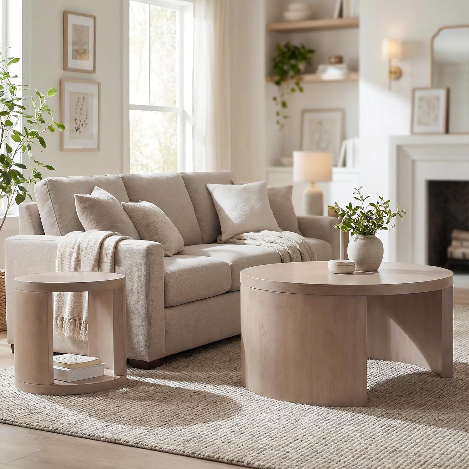 Round Coffee Table Set of 2, Nesting Coffee Tables with Storage, Living Room Table Set, Modern Wood Center Table for Living Room, Apartment, 31.5' & 18' Accent Table Set, Gray