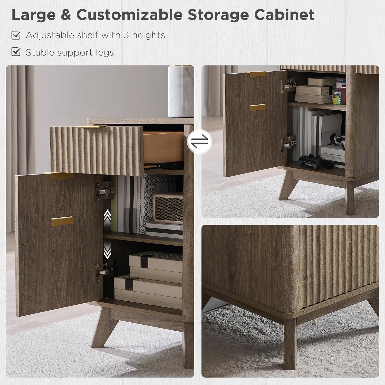 T4TREAM 60'' Fluted Executive L Shaped Desk, Modern Home Office Desk with Charging Station and File Drawer, Computer Corner Desks with Drawers & Storage Cabinet for Office Home, Bedroom, Alder Grey