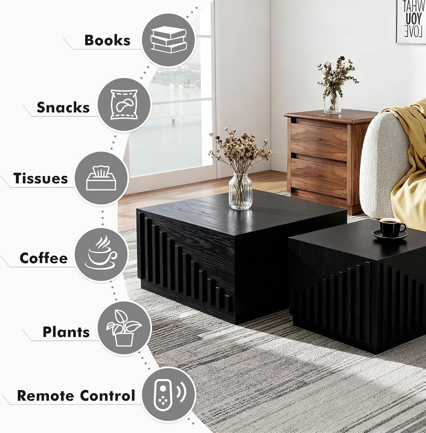Black Nesting Tables for Living Room, Set of 2, Square Nesting Coffee Table Farmhouse Wooden Fluted Coffee Table, Modern Small Center Table End Side Table for Small Spaces Bedroom Balcony Office