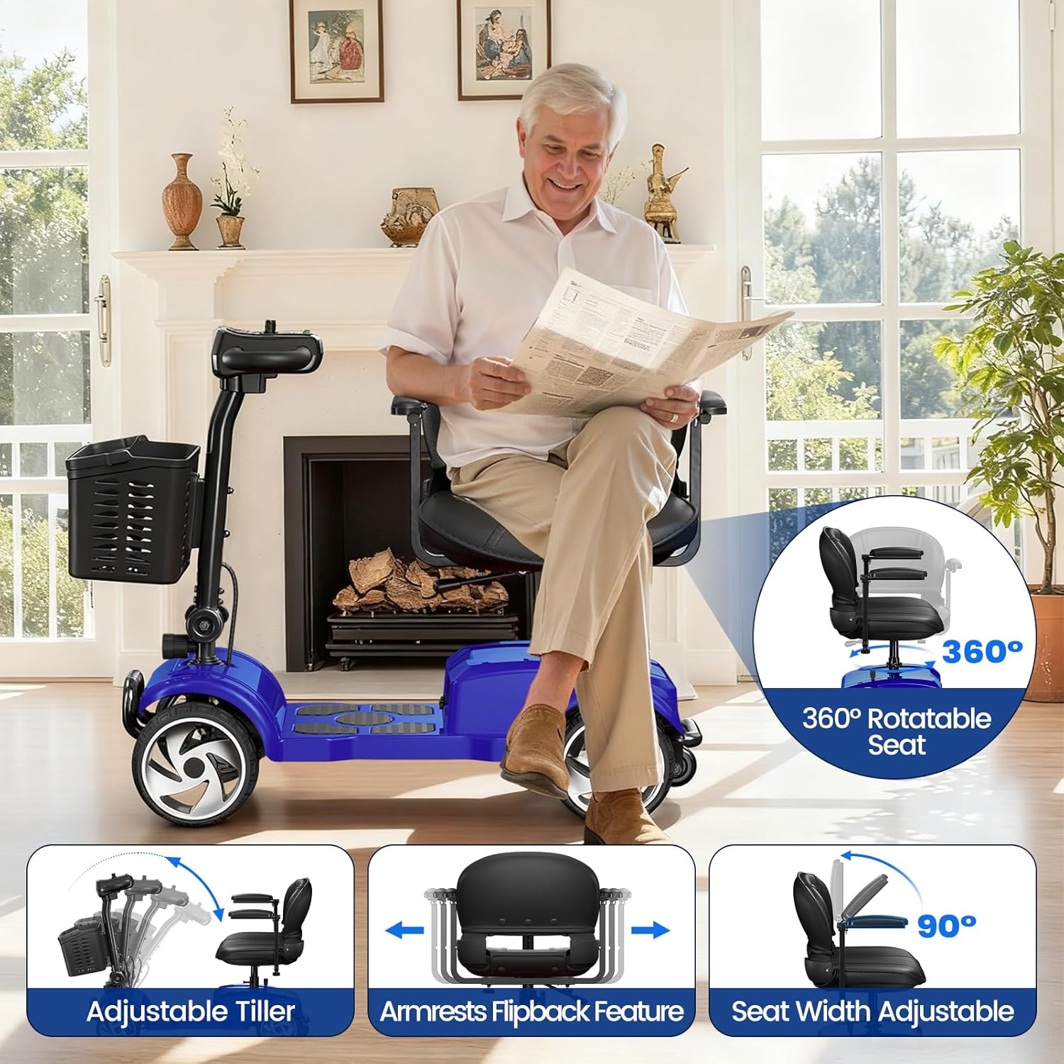 4 Wheel Electric Mobility Scooter for Adults and Seniors, 20 Miles Range Foldable Electric Scooter, Compact Heavy Duty Mobile for Cruise Travel with 300 lb Capacity, Powered Electric Wheelchair, Blue