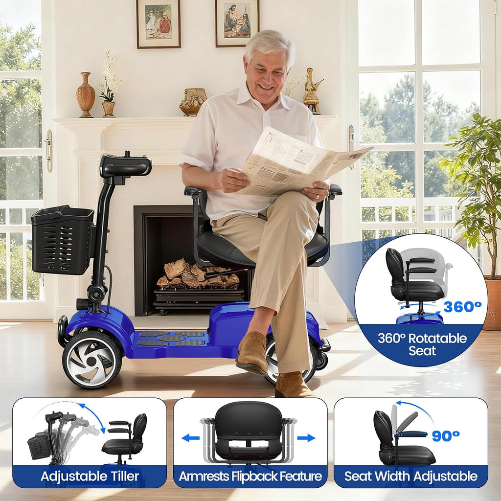 30 Miles Long Range Electric Mobility Scooter, Powered Mobility Scooters for Adults and Seniors, Motorized Scooter, Compact Heavy Duty Mobile for Travel with LED Headlight, Basket Blue