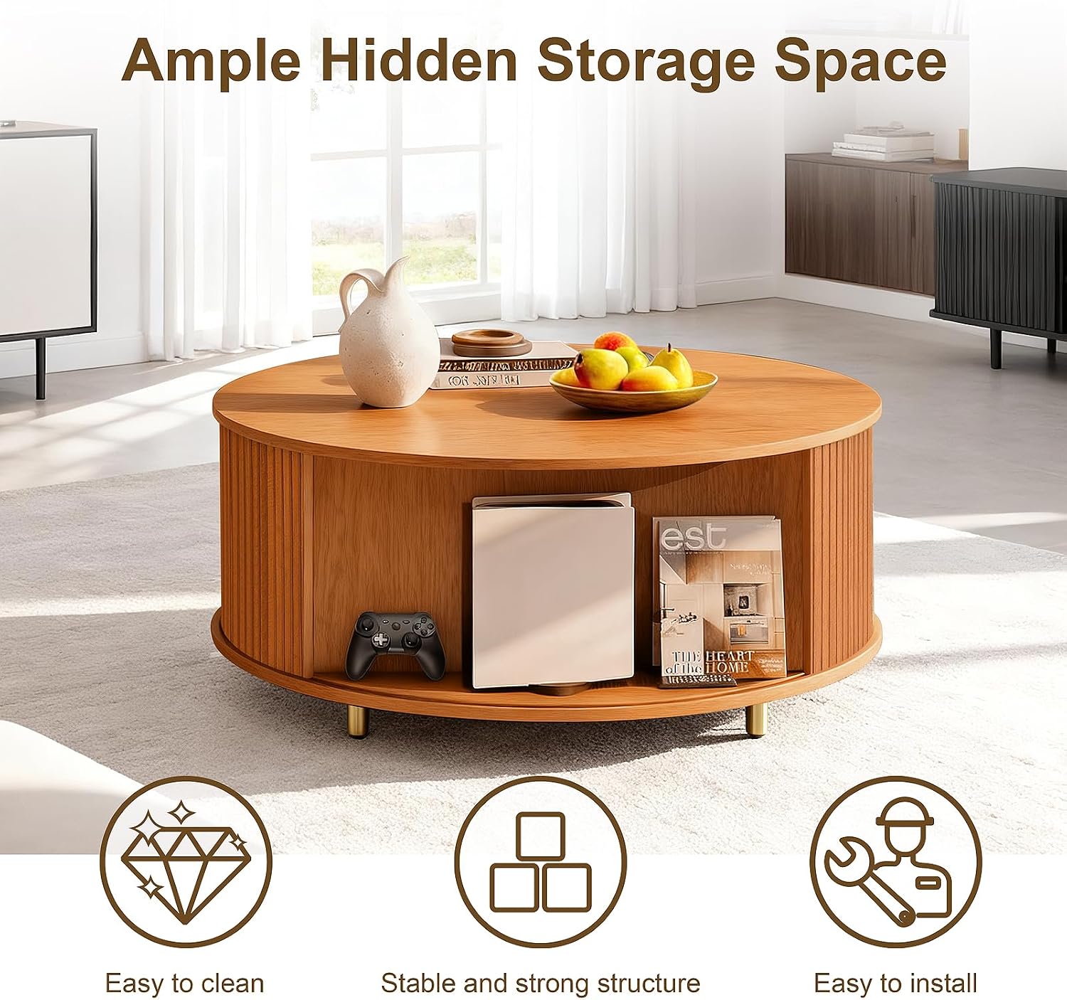 DHH Round Coffee Table, 31.5' Mid Century Modern Coffee Table with 360° Sliding Tambour Door, Fluted Accent Coffee Table with Storage,Adjustable Footpads for Living Room, Yellow Walnut