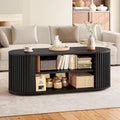 ONBRILL 47' Multi-Functional Coffee Table with Storage, Oval Coffee Table with Vertical Striped Sliding Door & Round Base, Mid-Century Modern Center Table with Adjustable Shelf for Living Room, Black