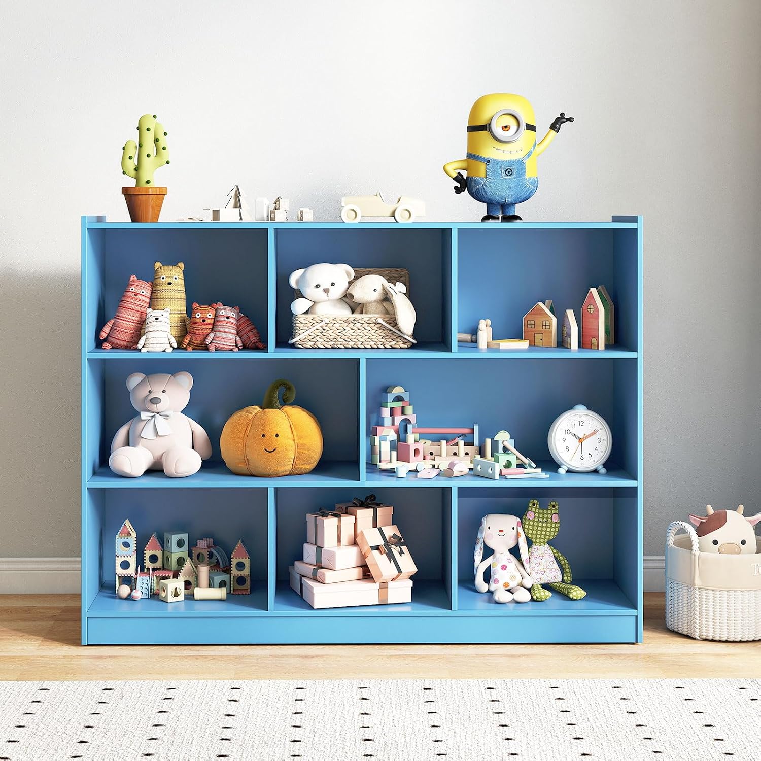 KOTEK Toy Storage Organizer, 5 Cubby Kids Bookshelf, Wooden 3-Tier Bookcase Storage Cabinet, Open Display Book Shelf for Daycare, Nursery, School Classroom, Living Room (Blue, 8 Cubes)