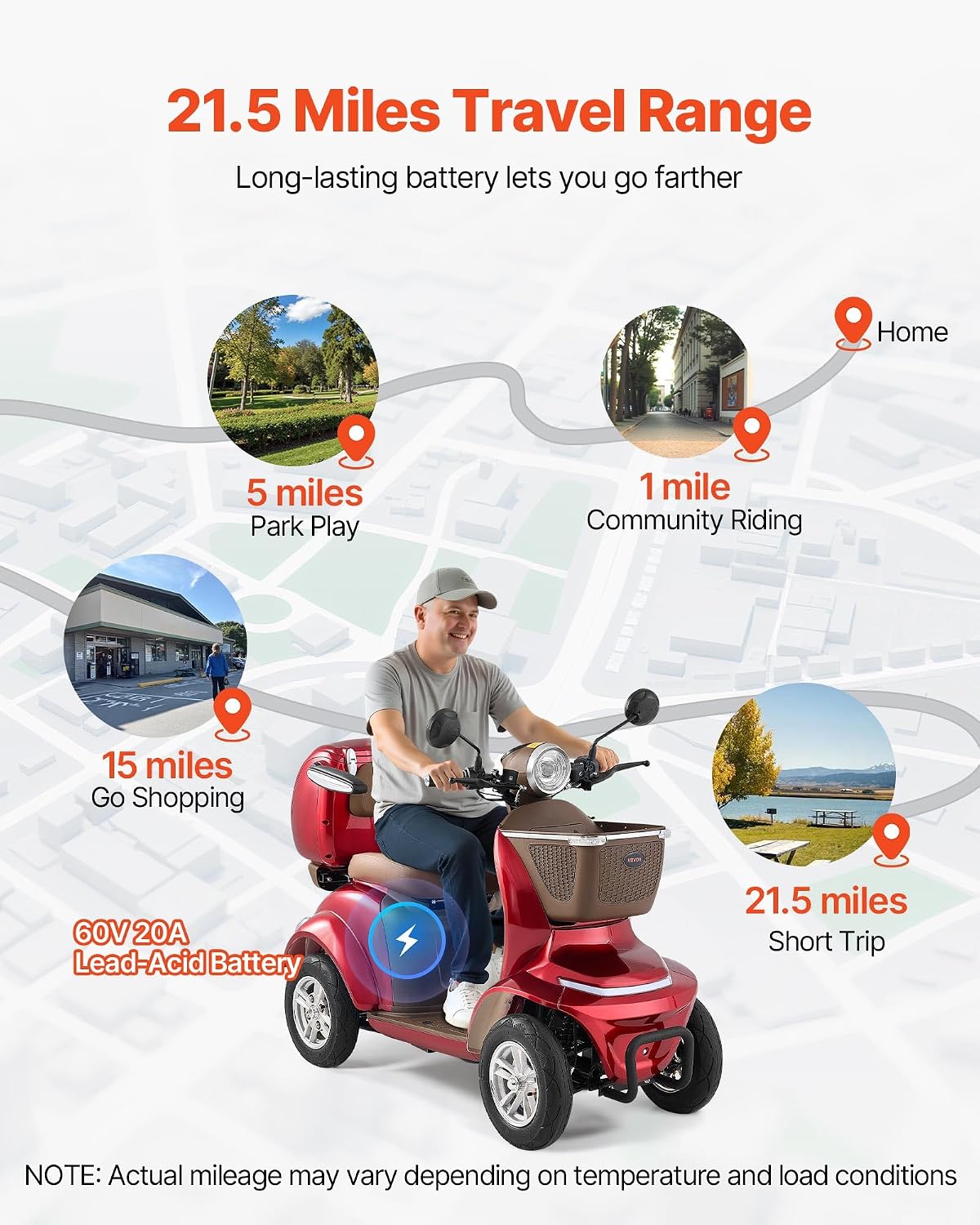 VEVOR Heavy Duty 4-Wheel Mobility Scooter, Powerful 1000W Brushless Motor, 500 lbs Capacity, 21.5 Miles Long Range, All Terrain Mobility Scooter with Lockable Trunk for Seniors & Adults