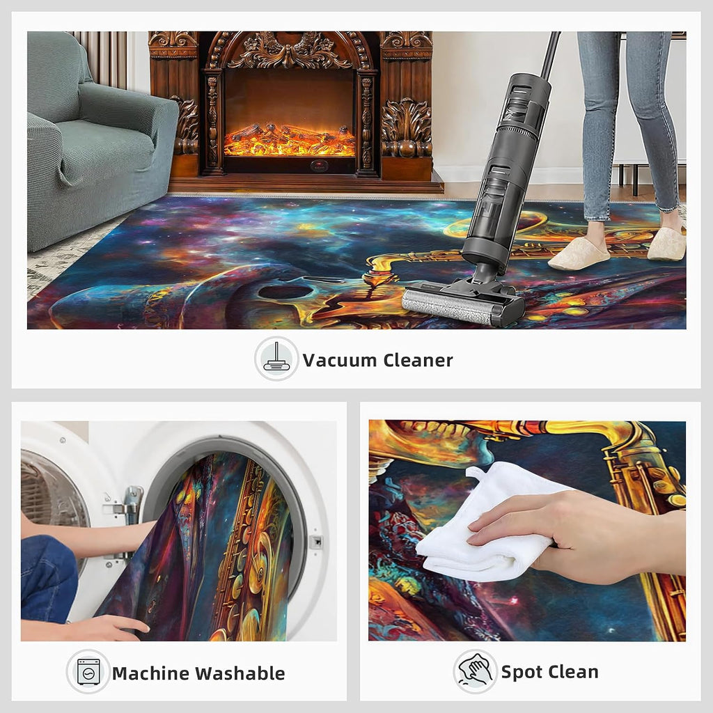 Saxophone Rug Large - 5x7 Rug, Skull Area Rugs for Living Room, Music Lovers Washable Carpet for Bedroom, Fantasy Galaxy Rugs, Boys Room Carpet - Saxophone Home Decor & Gift