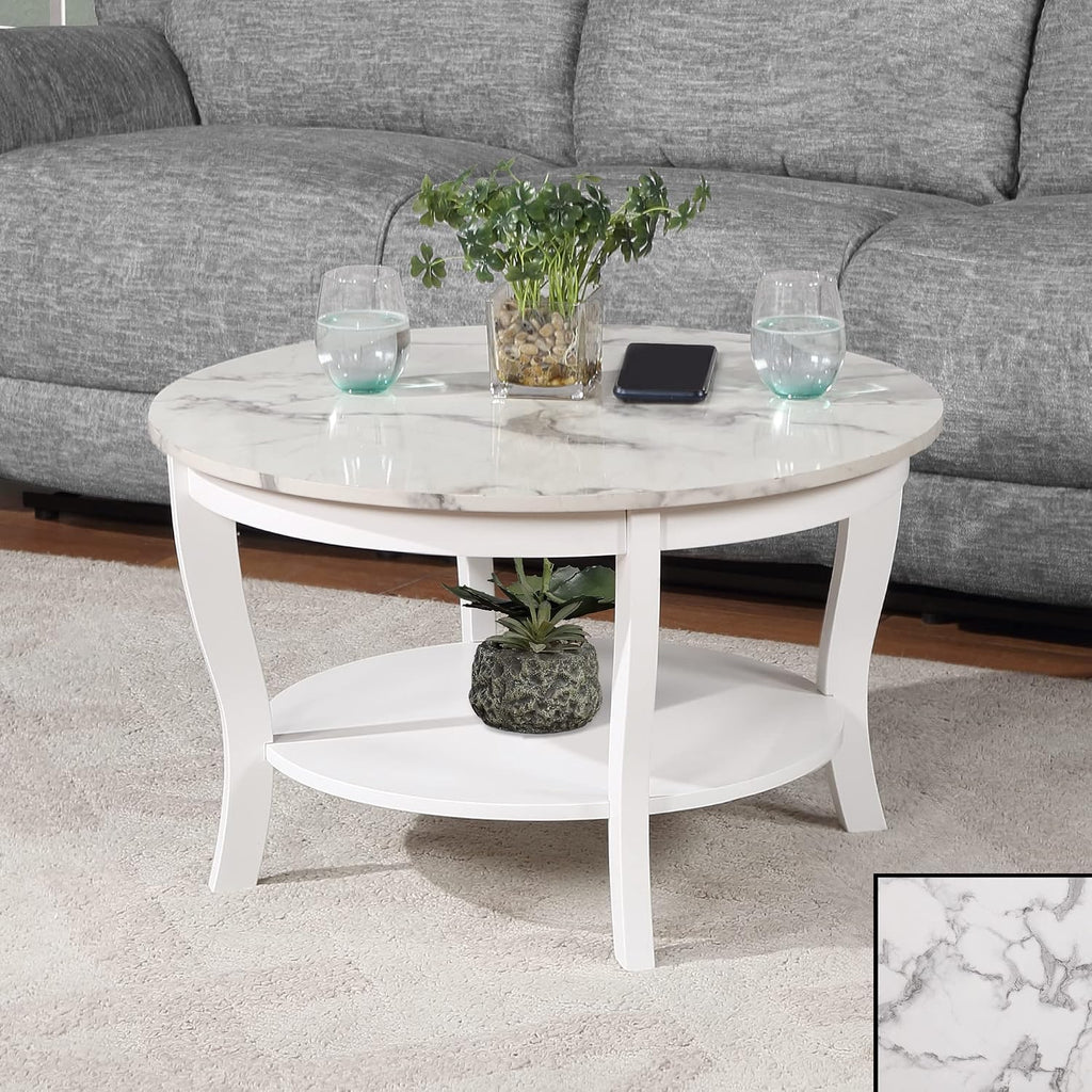 Convenience Concepts American Heritage Round Coffee Table 30' - Classic Living Room Table with Storage Shelf, Traditional Round Family Room Center Table, White Faux Marble/White