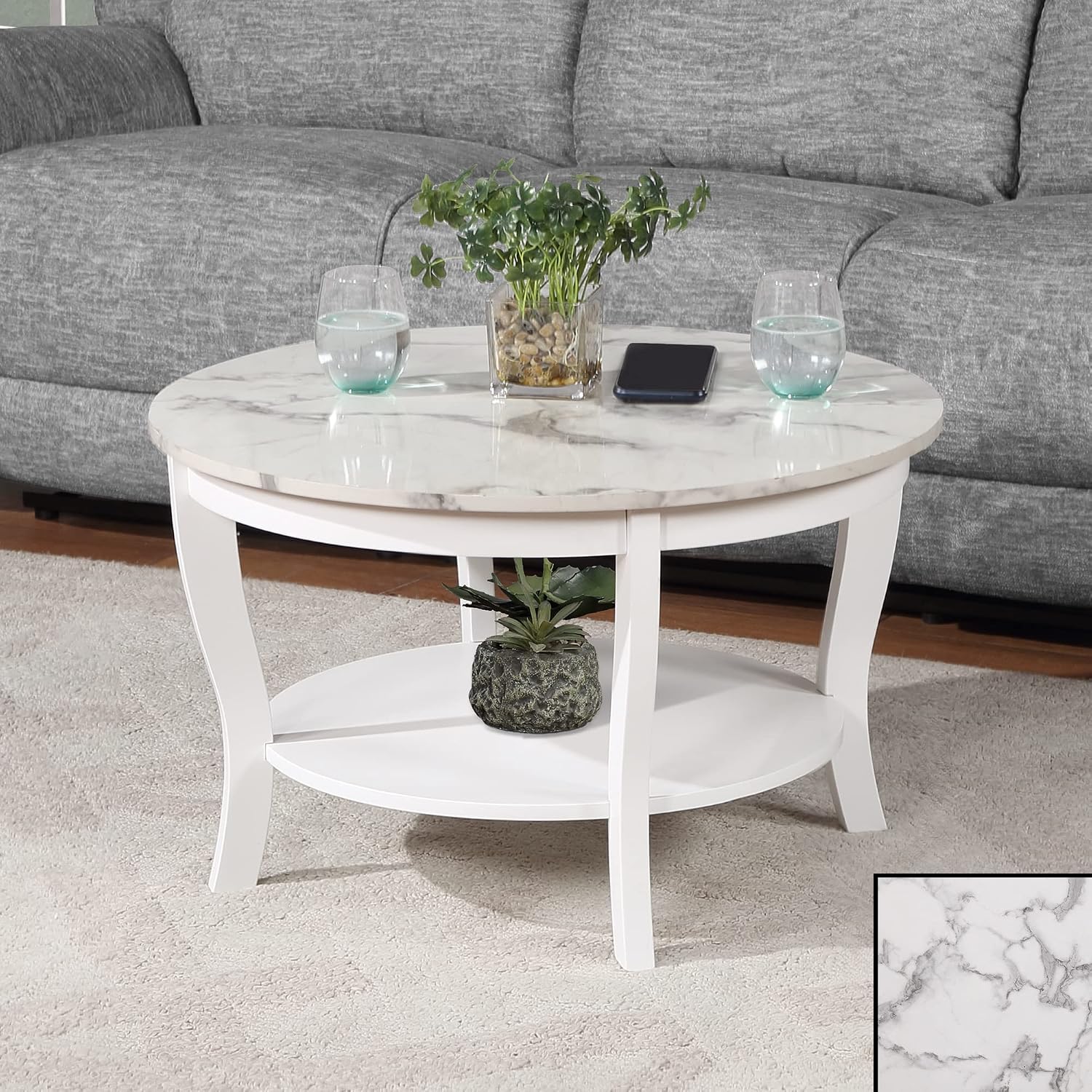 Convenience Concepts American Heritage Round Coffee Table 30' - Classic Living Room Table with Storage Shelf, Traditional Round Family Room Center Table, White Faux Marble/White