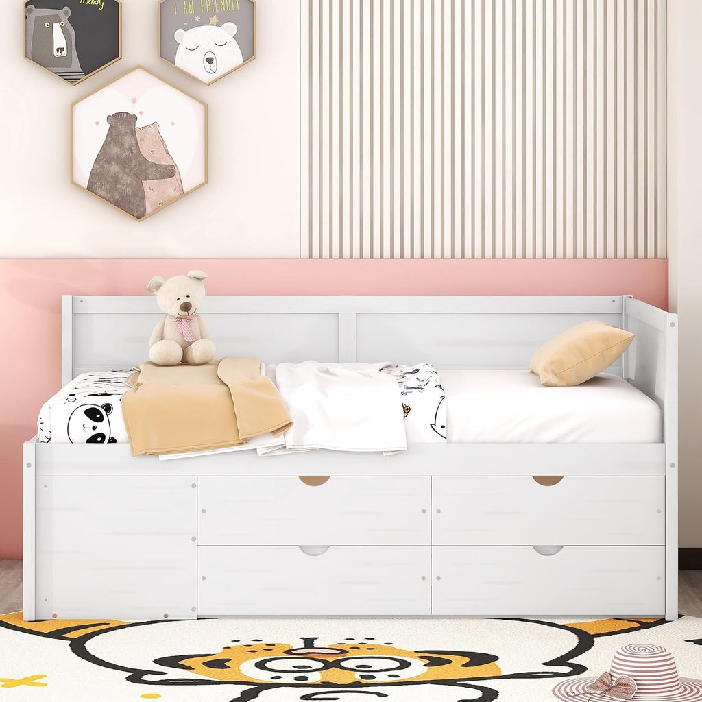 Twin Size White Daybed with Storage Drawers and Shelves,Wooden L-Shaped Corner Day Bed with Headboard & Bookcase for Boys,Girls,Small Room, Guest Room, kids'Room