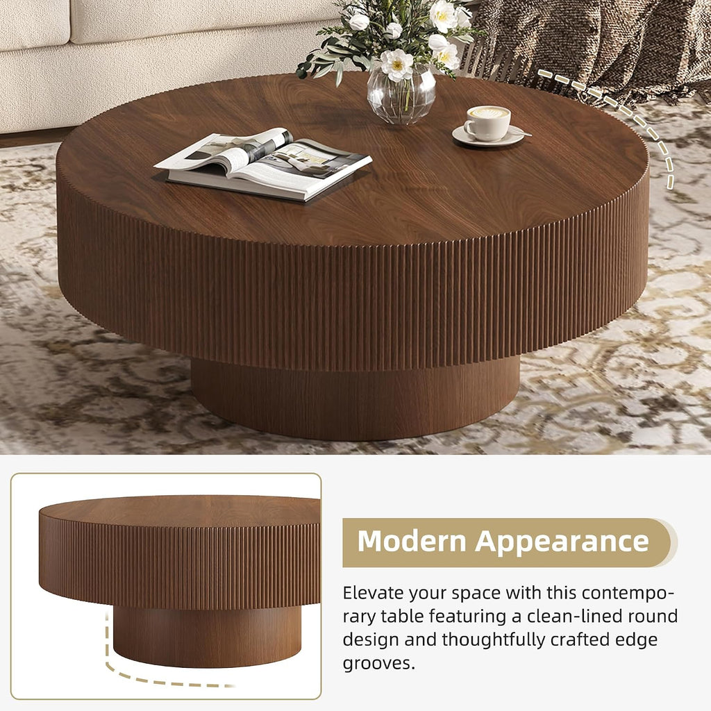 LUMISOL Modern Round Coffee Table for Living Room, Fluted Center Table with Thick Tabletop, Wave Design Drum Tea Tables, Circle End Table with Sturdy Base, 31.5' W*13.7' H, Walnut