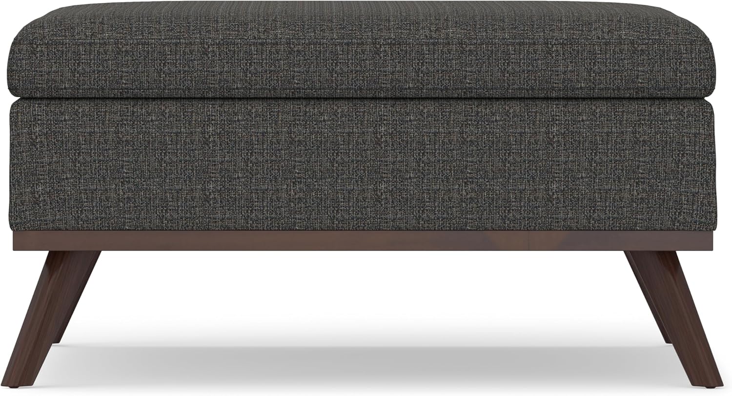 SIMPLIHOME Owen 36 inch Wide Mid Century Modern Square Coffee Table Storage Ottoman in Ebony Tweed Look Fabric, Assembled, for the Living Room, Entryway and Family Room