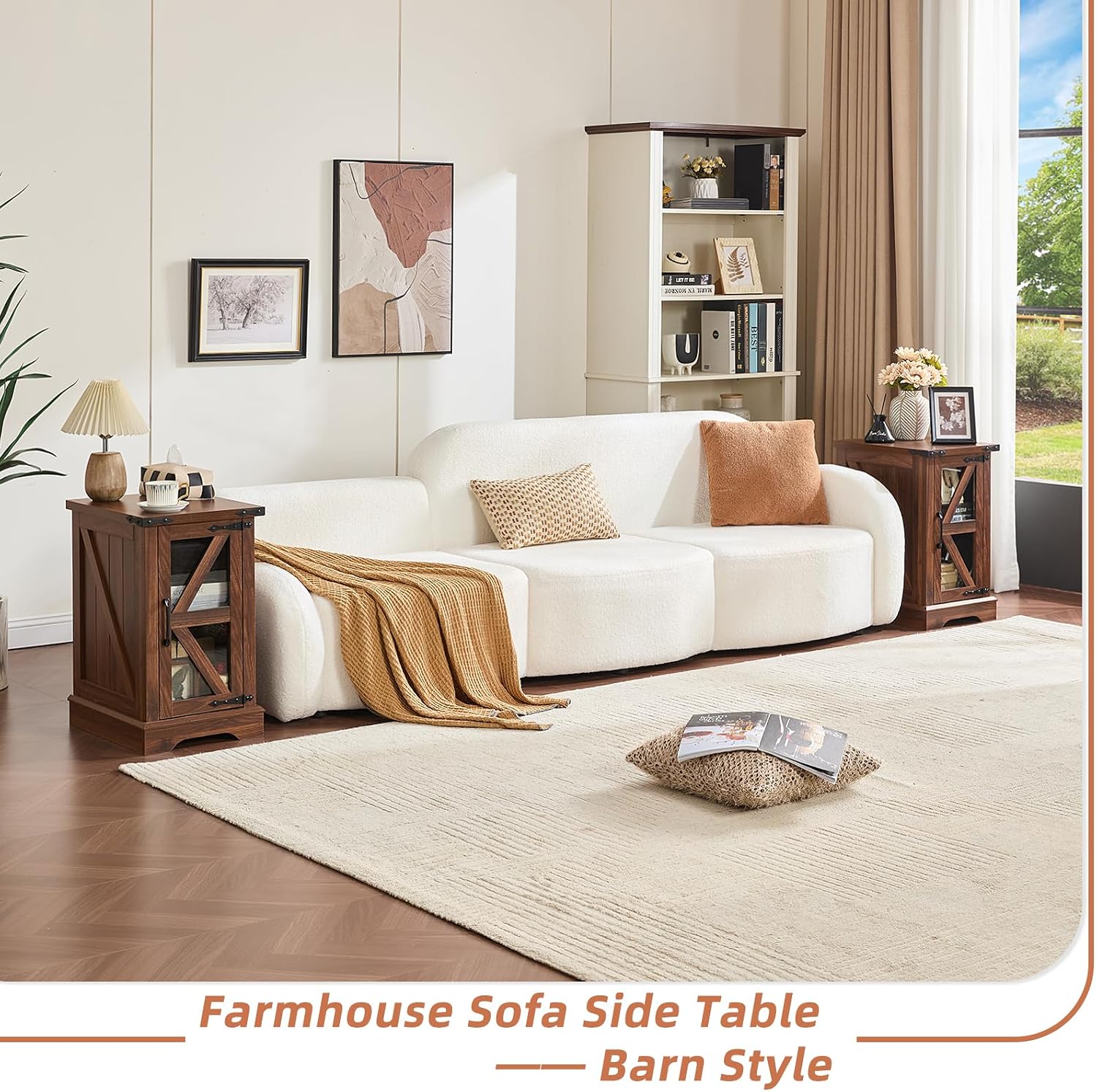 Joaxswe Farmhouse Coffee Table Sets 2 Pieces, Narrow Night Stand with Glass Barn Door Storage, Large Coffee Tables with Hidden Storage Organizer, Wood Furniture Sets for Living Room, Office, Brown