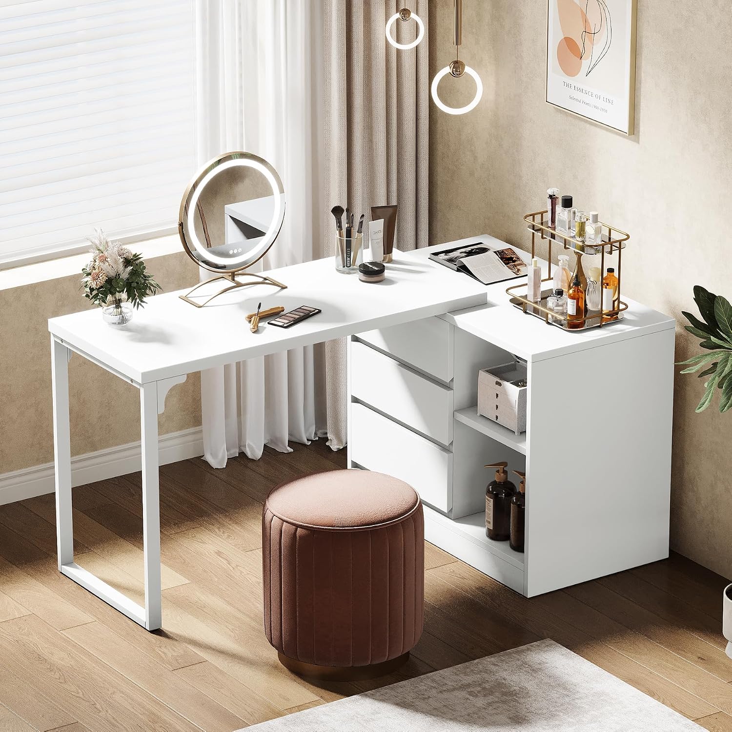 Tribesigns Vanity Desk with 3 Drawers and 2 Shelves, Small Makeup Table with Reversible Adjustable Storage Cabinet, Modern Corner Dressing Table for Bedroom, Makeup Room (Without Mirror) (Matte White)